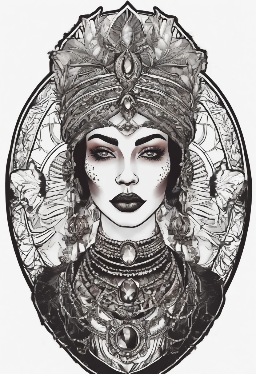 /imagine prompt: voodoo priestess illustration for a sticker with a black background, in bold outline style, jagged edges, trashcore, light shading --v 5.2