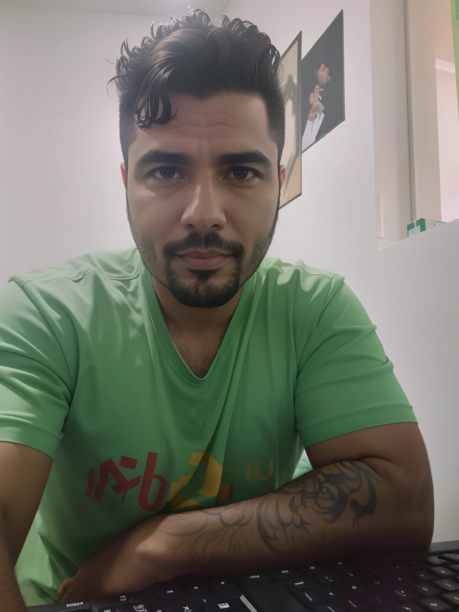 There's a man sitting at a computer desk with a keyboard, imagem de perfil, cerca de 3 5 anos, icaro carvalho, inspired by Antônio Parreiras, Coberto, Homem de 4 0 anos, (38 anos), david rios ferreira, Henry Alvim Correa, imagem de qualidade muito baixa