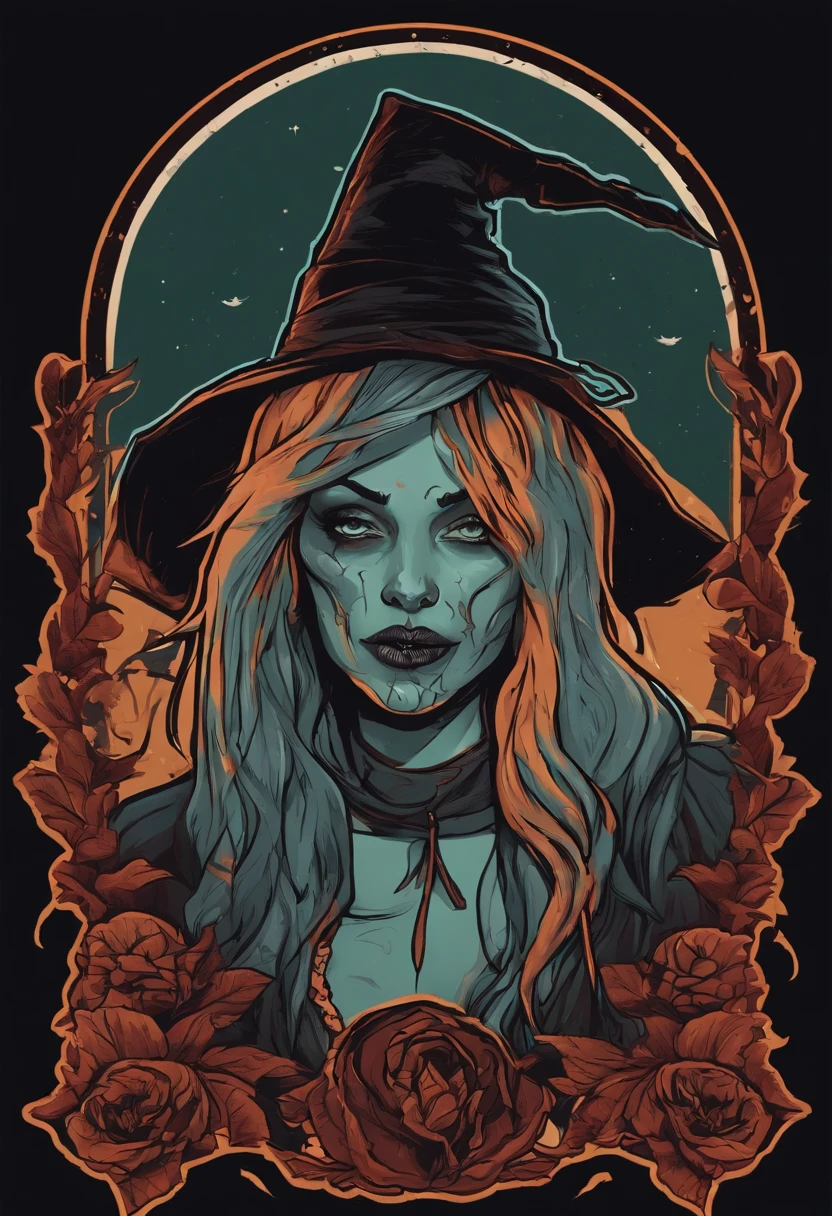 /imagine prompt: zombie witch illustration for a sticker with a black background, in bold outline style, jagged edges, trashcore, light shading --v 5.2