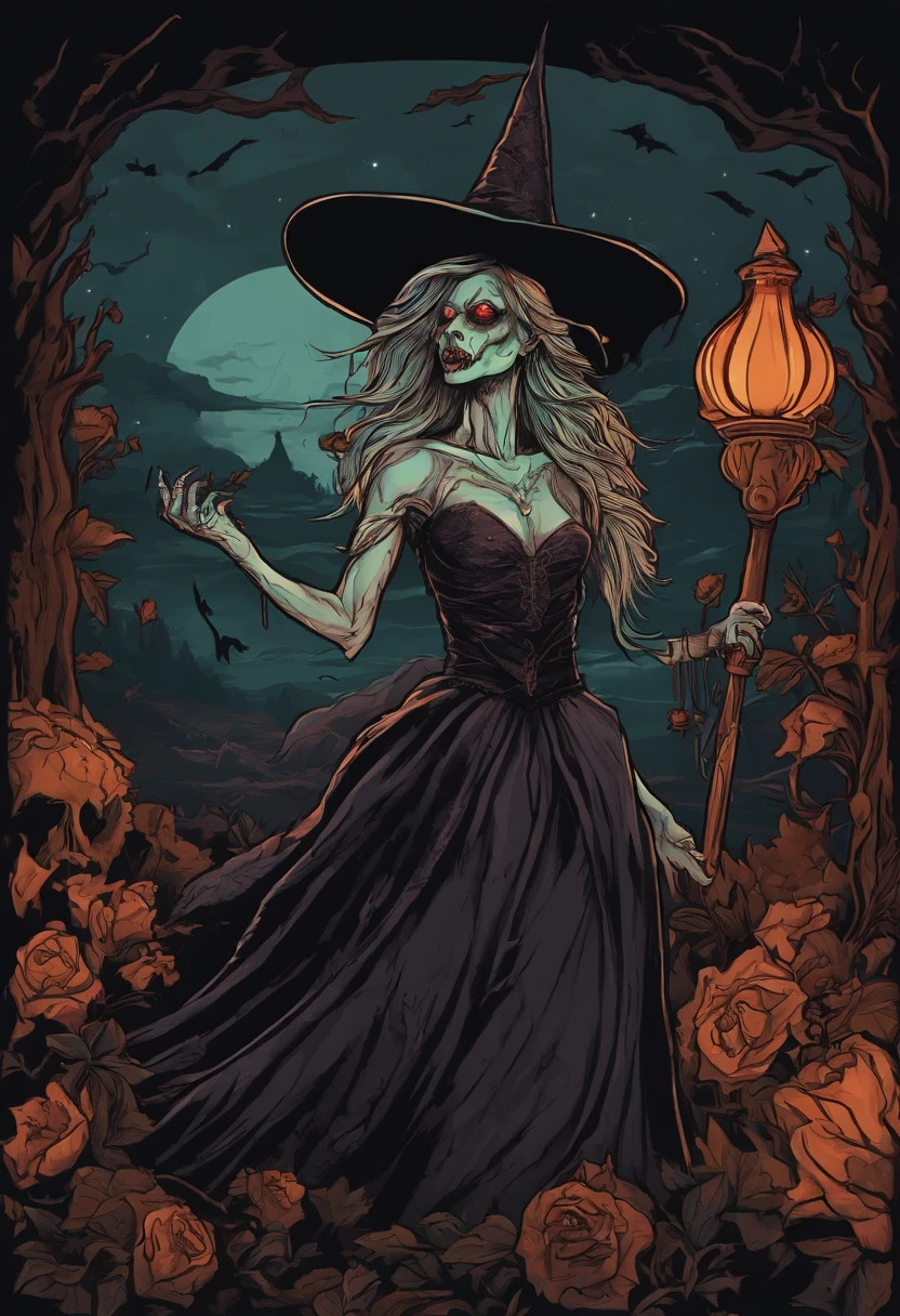 /imagine prompt: zombie witch illustration for a sticker with a black background, in bold outline style, jagged edges, trashcore, light shading --v 5.2