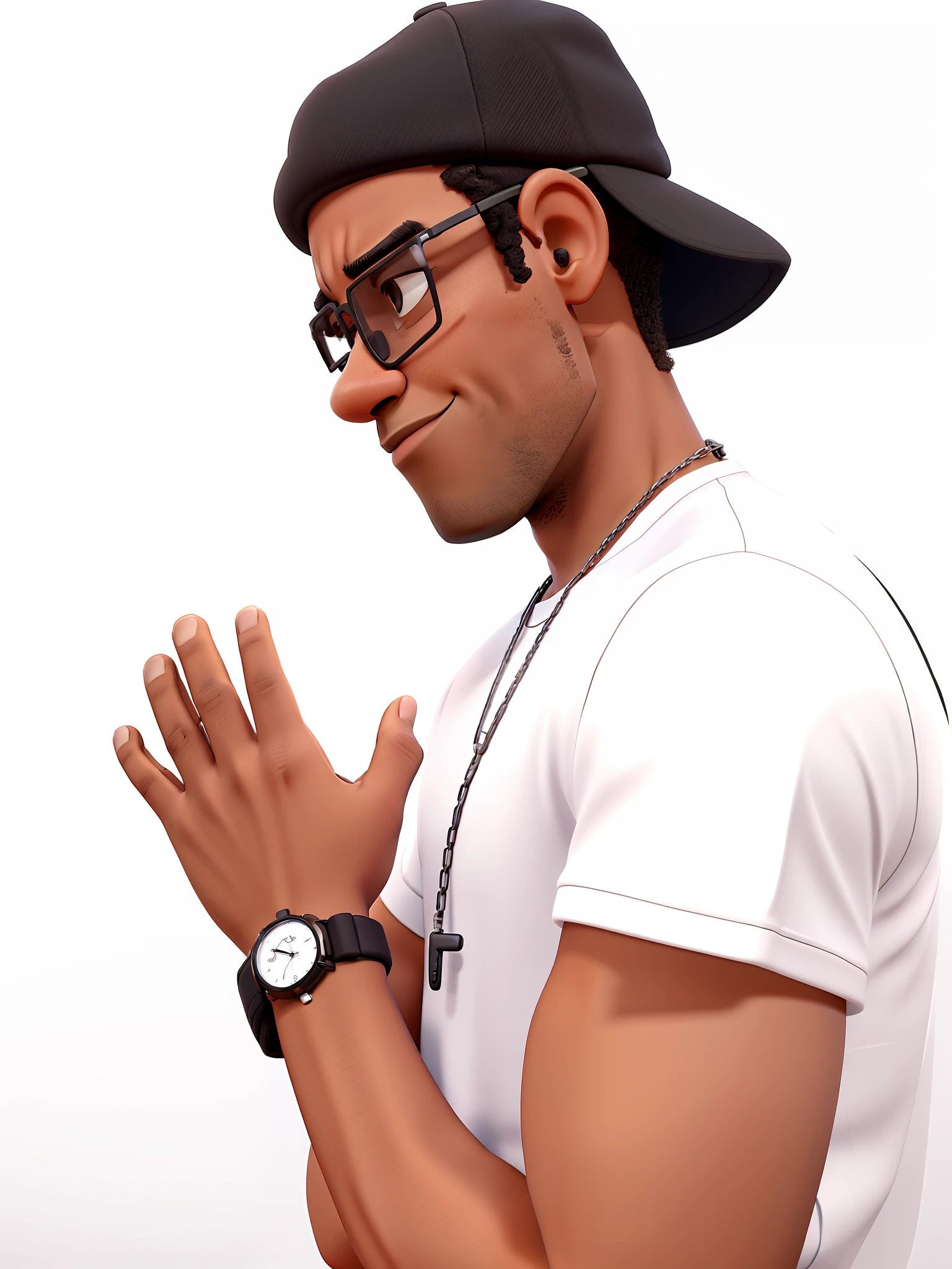 A black man in black cap on the side wearing glasses praying with watch on wrist in white shirt and chain on silver neck best quality pixar detailed strokes