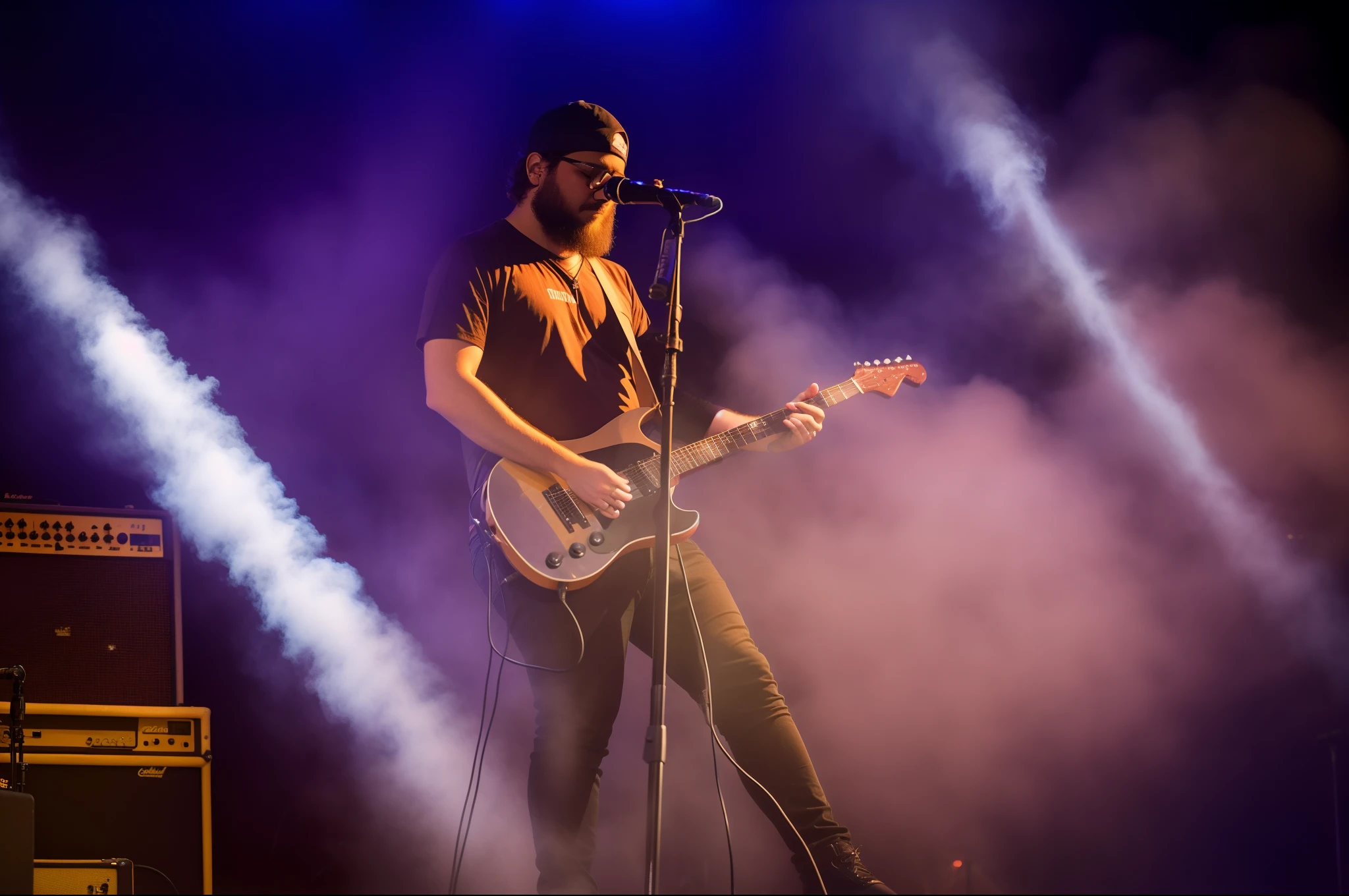there is a man that is playing a guitar on stage, tocando guitarra no palco, fotografia de concertos, Fotografia de concerto ao vivo, fotografia de palco, foto do concerto, Apresentando-se no palco, Fotografia tirada em 2 0 2 0, rock musicians on the stage, no palco, Foto tirada em 2018, guitarrista, editing, cantor e compositor nin, explosions on the background