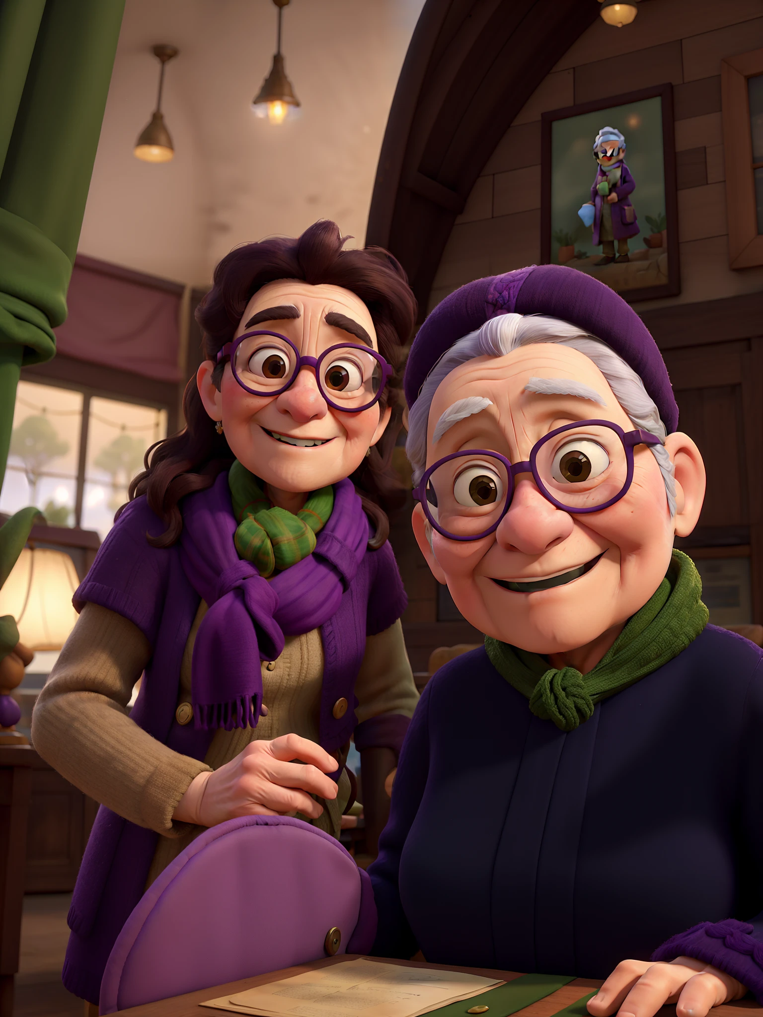 masterpiece, best quality, an old woman with glasses and a scarf on, wearing a purple coat and green scarf, standing at the park