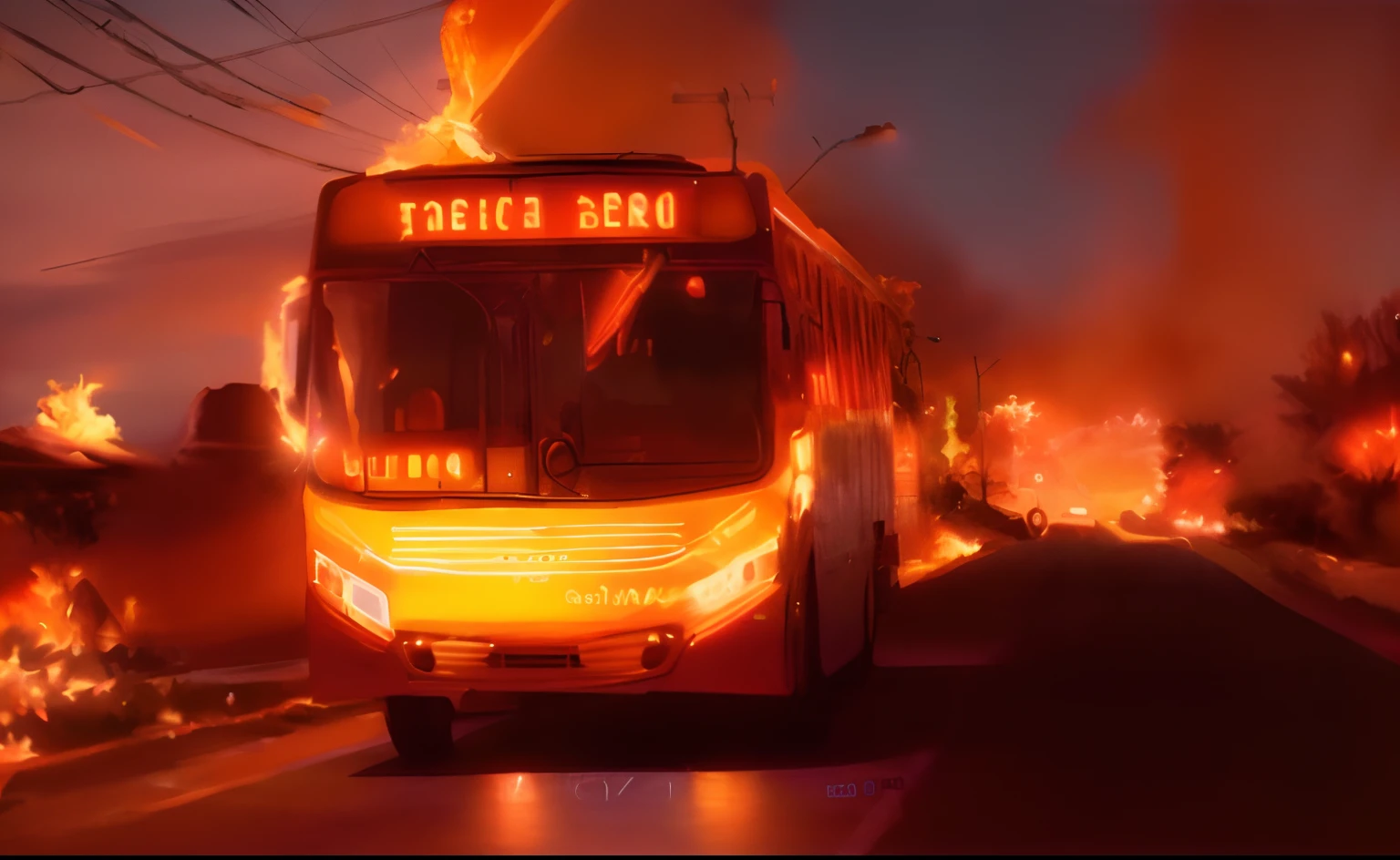 Arafed red bus on a dark road, nevoeiro, com linhas de energia no fundo, ( ( ( Autocarros, Autocarros, Vanara, Public bus, 8k)), tomada em 2 0 2 0, bus, Nekro Borja, microbus, Bussiere, Coban, R - MK, Directed by: Luis Miranda, Esteban Maroto, exploitable image, Beto Val