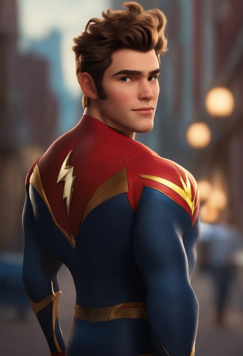 description: Make a boy
Features: Ele tem 23anos, sobrancelhas grossas , Half spiky hair and growing beard
Scenario: Tipo de desenho Disney
Compartilhar: He's dressed as the flash.
qualidade: Pixar, ..3d, Disney

Criando Personagem Disney, Pixar