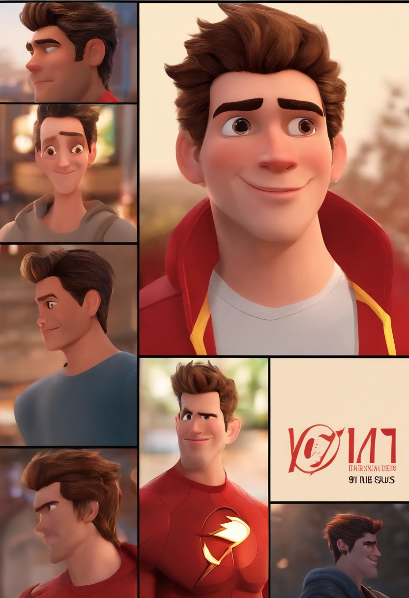 description: Make a boy
Features: Ele tem 23anos, sobrancelhas grossas , Half spiky hair and growing beard
Scenario: Tipo de desenho Disney
Compartilhar: He's dressed as the flash.
qualidade: Pixar, ..3d, Disney
Criando Personagem Disney, Pixar