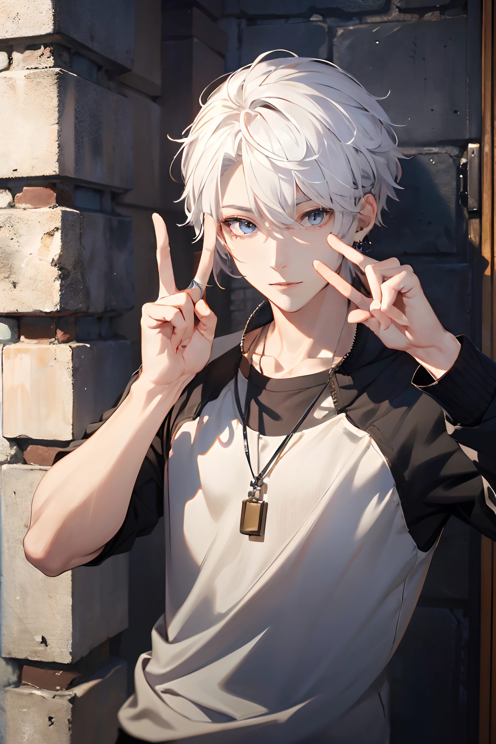 (absurdres, highres, ultra detailed, HDR), masterpiece, best quality, a boy, solo, handsome, short hair, white hair, finely eye and detailed face, casual clothes, real shadow, lift hand in peace sign, joyful, ear piecing,