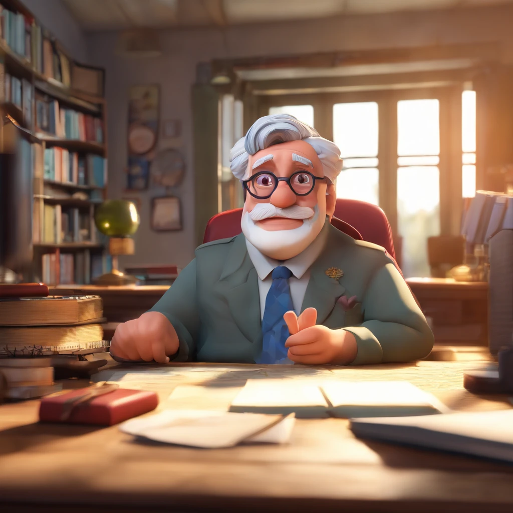 Crie um cartaz inspirado na Disney Pixar com o personagem sendo o pastor Rubens Janier, A gray-haired man wearing glasses, in an office with a Bible on the table