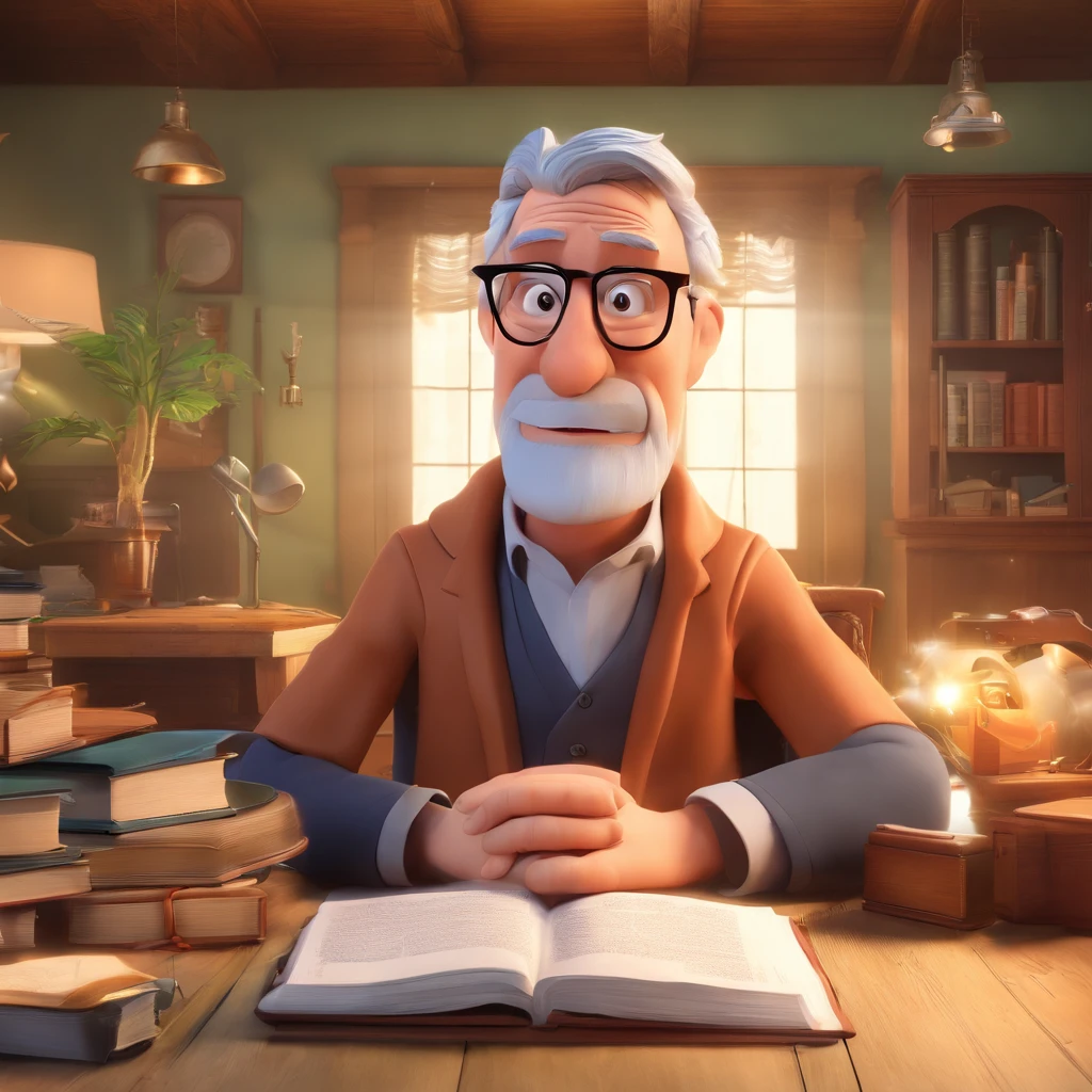 Crie um cartaz inspirado na Disney Pixar com o personagem sendo o pastor Rubens Janier, A gray-haired man wearing glasses, in an office with a Bible on the table
