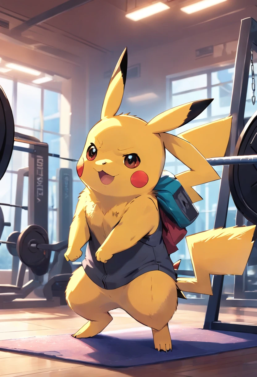 Pikachu working out hard in the gym, bodybuilder, muscular, A pokémon