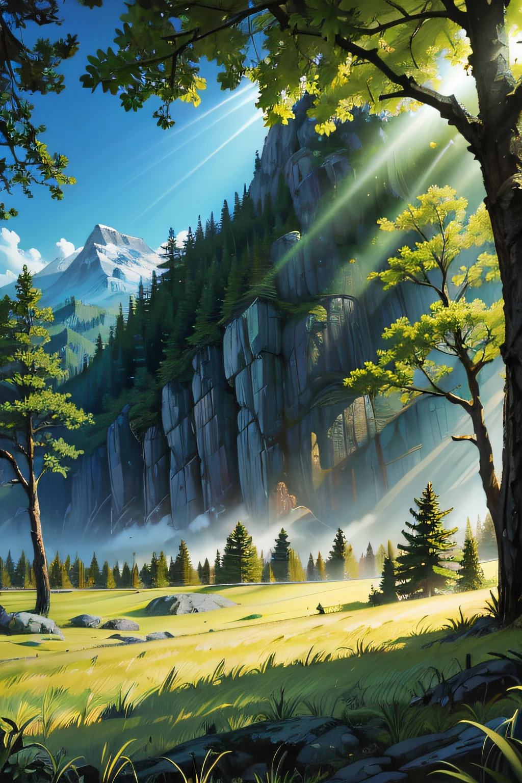 pine forest, mountains, sunlight, god rays, no people, no buildings, leaves, airy, light