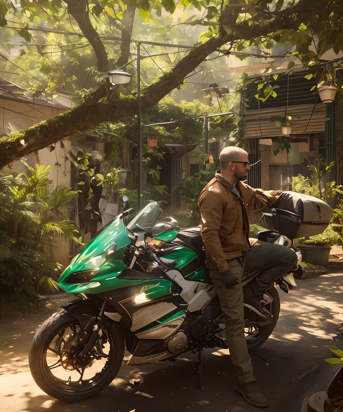 There's a man with short hair standing next to a green motorcycle on the street, cinematic full shot, Cinematic Shot!, Foto de quadro completo, Filmado de Cinematic, touring, Cinematic Shot, cinematic medium shot, um ultra realista, cinematic still, [ cinemactic, estilo craig mullins, foto de retrato, cena poderosa, Photo Session, realistic cinematic shot, cinematic ligting, Directed by: Emma Andijewska