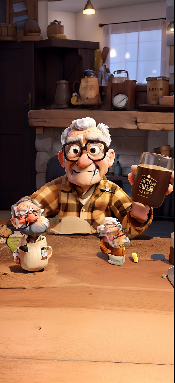 obra-prima, de melhor qualidade, An old man with glasses and grumpy, holding a cup of coffee, desenho