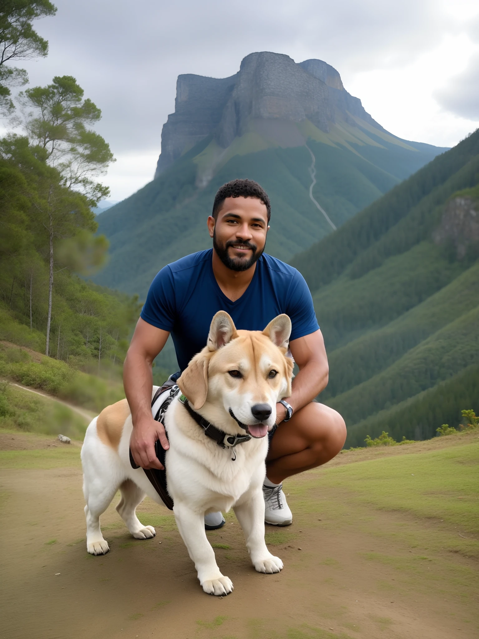 Homem ajoelhado com um cachorro branco na coleira, com montanhas ao fundo, em frente a um fundo de floresta, com montanhas como pano de fundo, com montanhas no fundo, Moutain no fundo, montanha ao fundo, Montanhas ao fundo, sentado bonito em uma montanha, Forrest em segundo plano, Dan dos Santos, montando um lobo prateado gigante