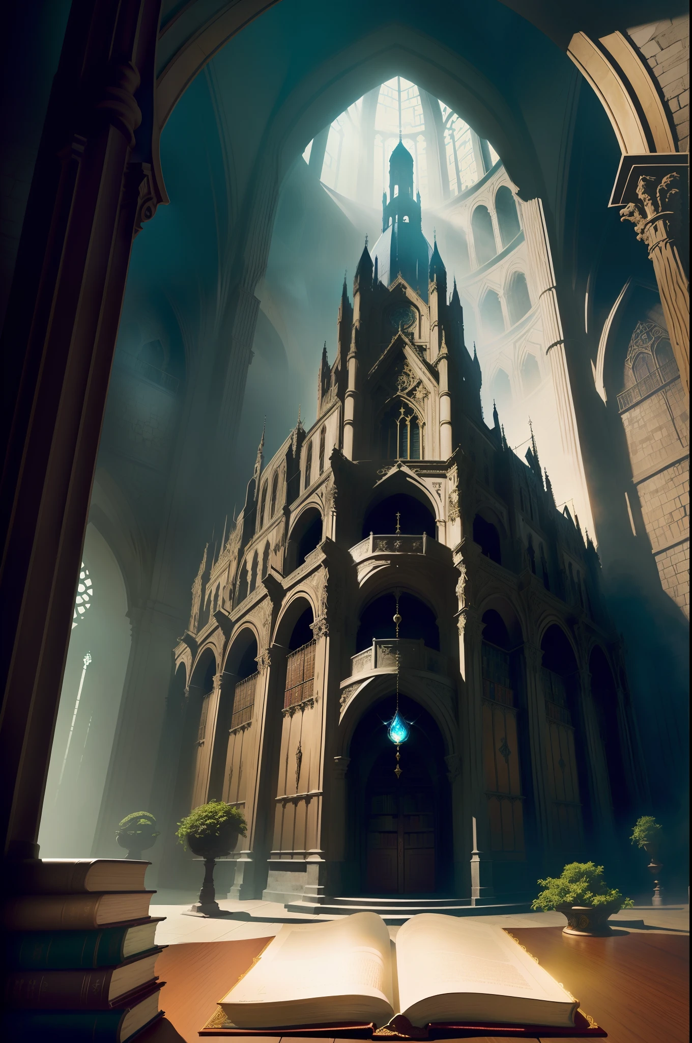 imagem arafed de uma sala com um monte de livros e uma fonte, MAGIC LIBRARY, gothic epic library concept, fantasy book illustration, Fundo da Biblioteca Alquimista, gothic epic library, biblioteca antiga, Biblioteca de Arte Conceitual de Ruina, fantasy RPG book illustration, magical atmosphere, fundo da biblioteca, Uma biblioteca eterna, Arte da Biblioteca Espacial Borne, biblioteca empoeirada, biblioteca sombria, biblioteca extravagante, colocar adolescente menina, de 16 anos, cabelo cacheado, castanho ,magra ,wears round friendly glasses