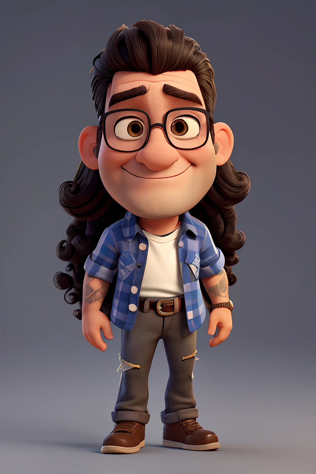 create a 3D Disney Pixar style character of a 40 year old man. Imagine him with big, curly long hair, a mix of black and gray, and a pair of glasses perched on his nose. His look with a thin, gray beard and dark skin tone. Standing 1.73 meters tall and weighing 90 kilos, this character has a Latin look, 90s grunge style, ripped pants and a blue and black checkered blouse.