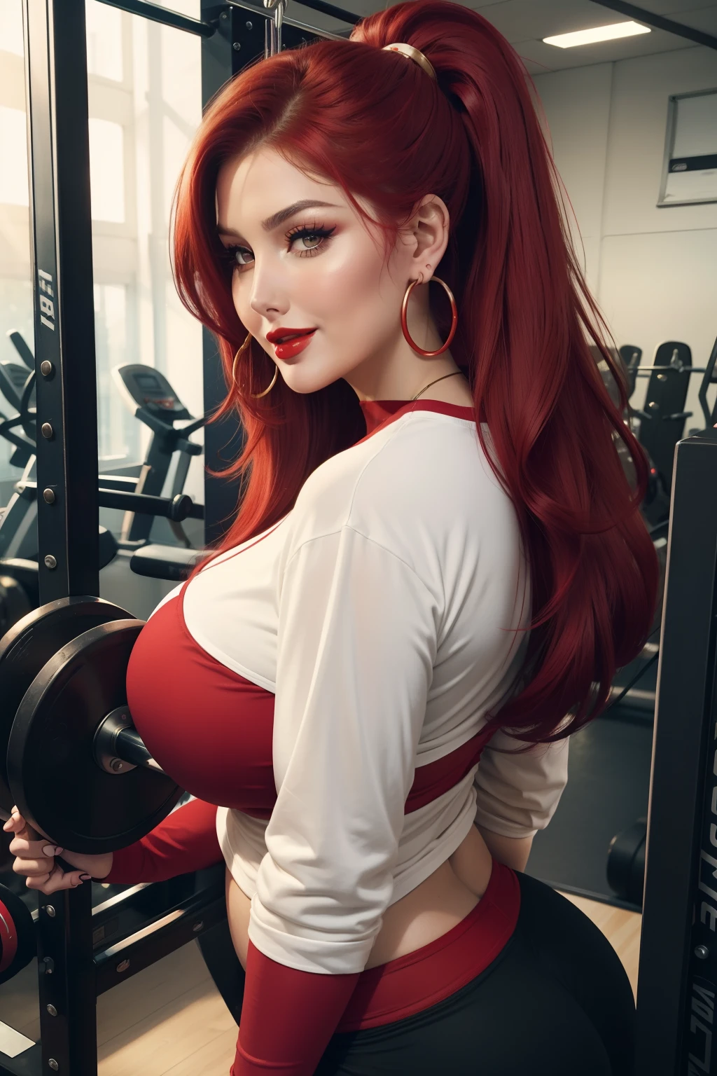 Lucy Pinder, Face Portrait, Pretty Face, Smiling, Cleavage, Red Hair, Straight Hair, Ponytail, Hoop Earrings,((Very Heavy Makeup)), ((Red Lipstick)), Long Sleeve T-Shirt, T-Shirt black, shorts, beautiful buttocks, ((voluptuous woman)), on her back, in the gym