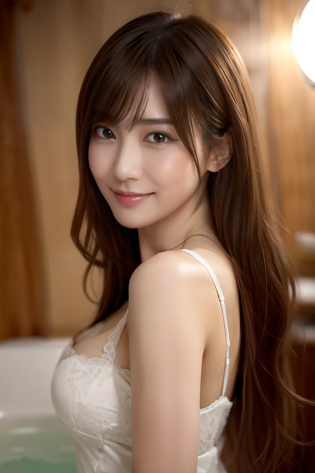 (age19:1.3)、(top-quality、8K、​masterpiece：1.3))、foco nítido：1.2、Beautiful Japan woman in perfect style：1.4、Slender Abs：1.2、slender、((dark brown hair、clean：1.2))、(natural soft light、on the beds:1.1)、Highly detailed facial and skin texture、A detailed eye、二重まぶた、