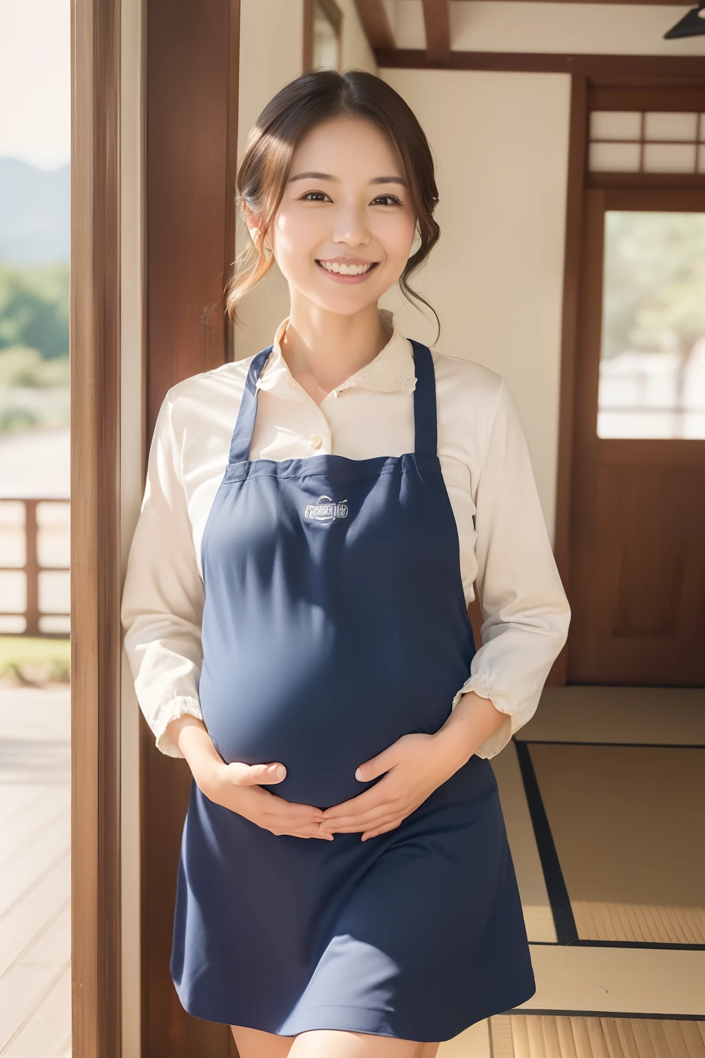 ((1 Japan,25-years old,The face of the most beautiful woman in Japan,Pregnancy, The biggest smile staring at the camera,Suppin, without makeup,From the knee up, Standing at the front door of the house,Western-style house,roadside,Seeing them off with a smile,Seeing them off at the door)),((The biggest smile staring at the camera,long,large full breasts,Chromo-white skin,Beautiful skin,Looking at Viewer、Beige long-sleeved trainers and navy blue skirt, red apron,Lifestyle,A sense of life,Everyday scenery,Western-style living room,Bright photo in the daytime,during daytime,Natural bright lighting,Brown hair with the biggest smile, Beautiful lips,White teeth,Clean teeth,depth of fields、8K,face perfect,perfect hand,Award-Winning Works,masutepiece,masutepiece, Best Quality, Ultra-detailed, Photorealistic, super detailed skin, Perfect Anatomy))