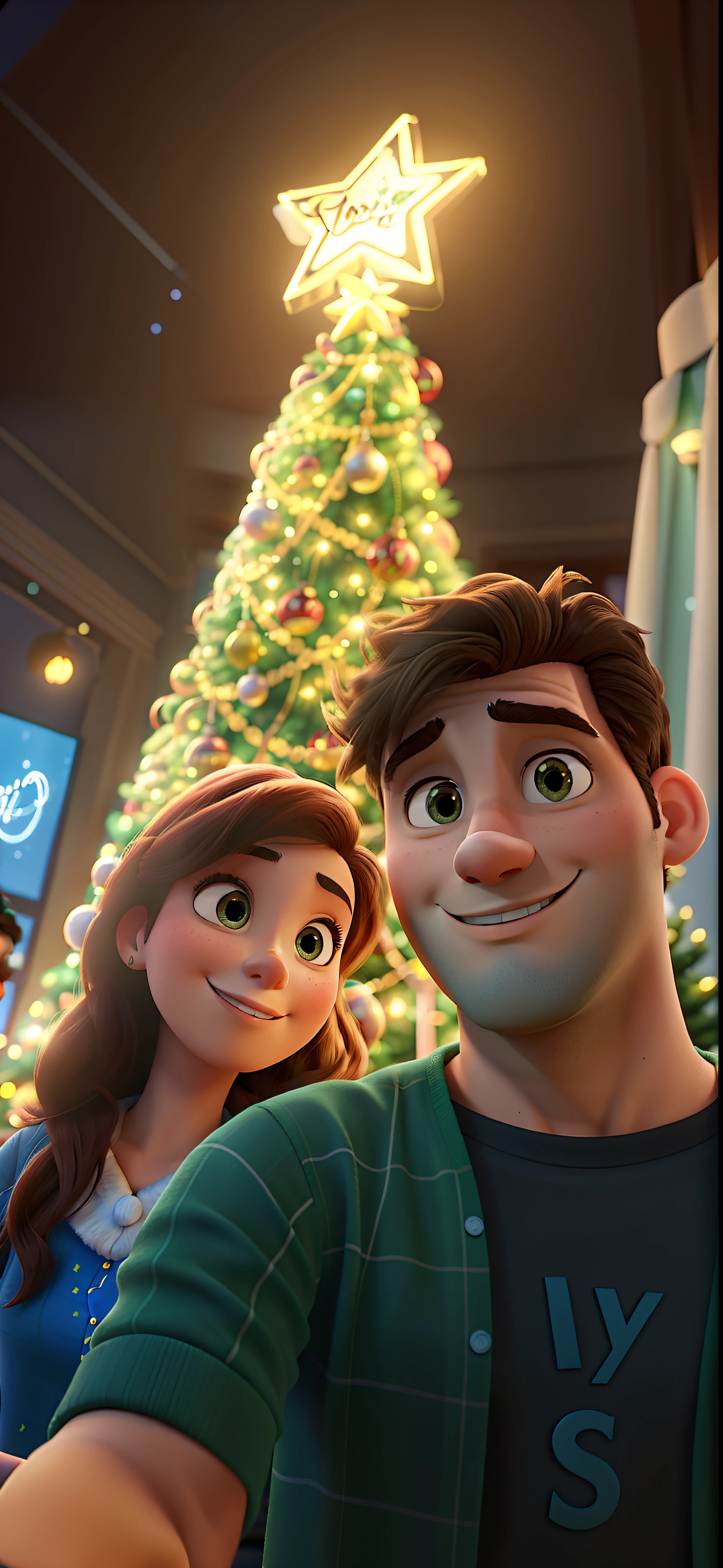 Disney Pixar style image with a man and a woman taking a selfie in front of a Christmas tree, a noite, With a tree in the background and flashing lights, holiday season, Casal feliz