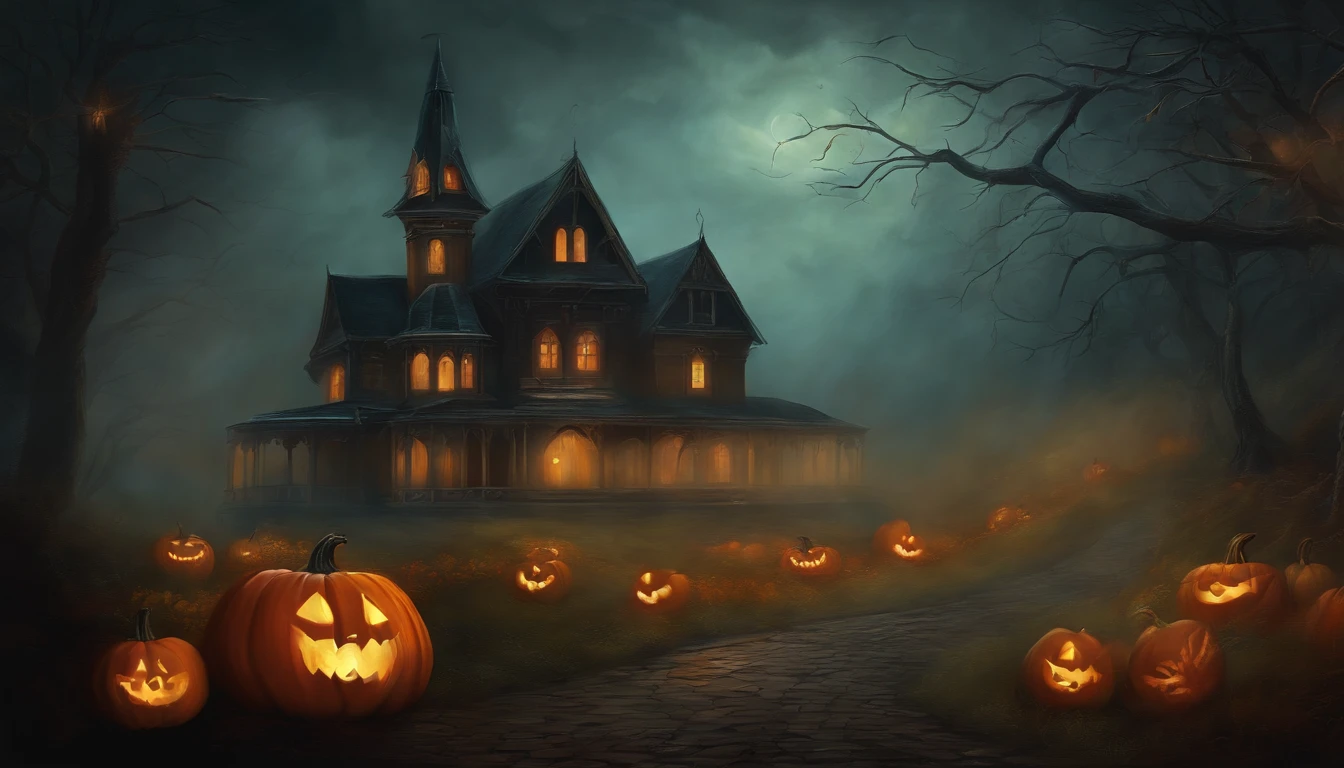 Art Painting Style Vintage Gothic Dark Ghost Mist Halloween Specter Pumpkin Jack-o'-Lanterm