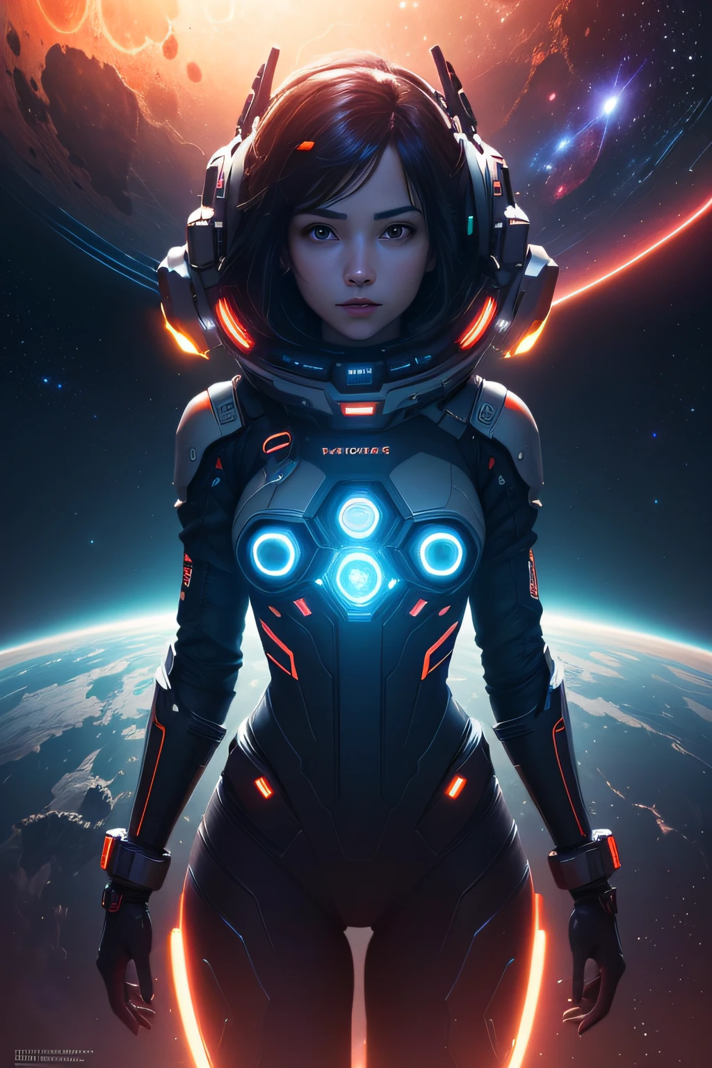 The painting depicts a scene of breathtaking magnificent spatial imagery.  Girl in Pluguit rear facing, Looking at a bright red planet in space. Scenes are extremely detailed and the clarity is extraordinary, capturando cada detalhe intrincado do panorama.