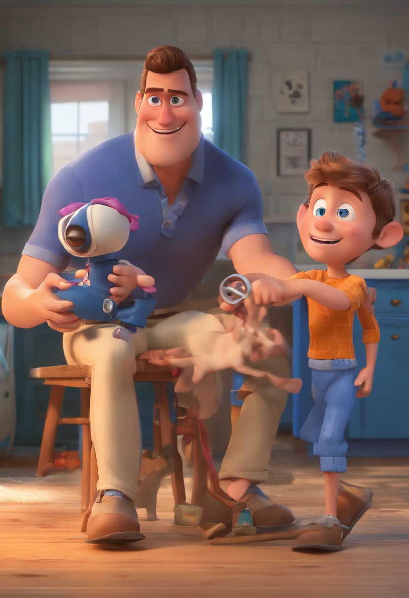 Estilo Pixar: The grown man is holding a naked blue-eyed boy and in his other hand he is holding a pair of scissors and is trying to cut off the boy's testicles,3D Poster,Disney