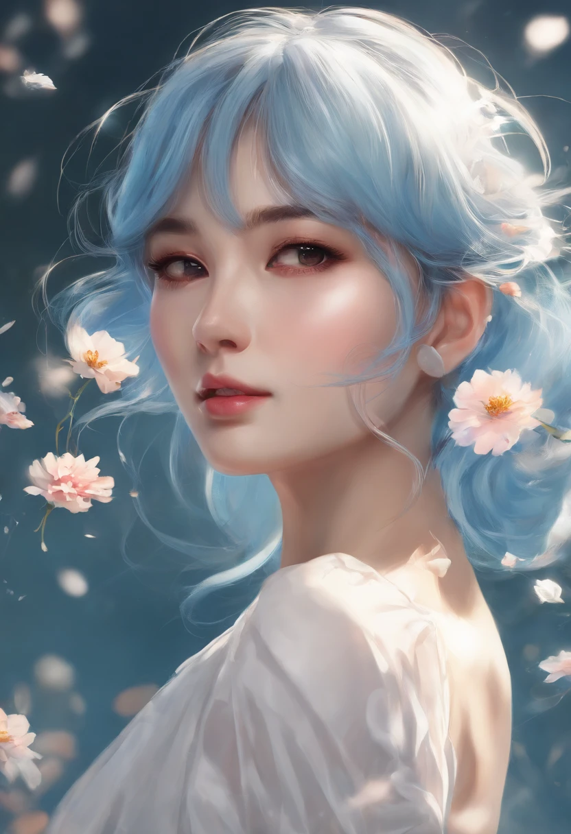(masterpiece), (best quality), (ultra detailed),(disheveled hair),(illustration), (1girl), (Fashionable clothing), standing, Fashion model, looking at viewer, (interview), (simple background),beautiful detailed eyes, delicate beautiful face, Floating,(high saturation),(colorful splashes),colorful bubble,(shining), focus on face, ponytail, kamisato ayaka, light blue hair, bangs, hair ring, floating flowers, floating hairs, (shining), best lighting, best shadow, nude