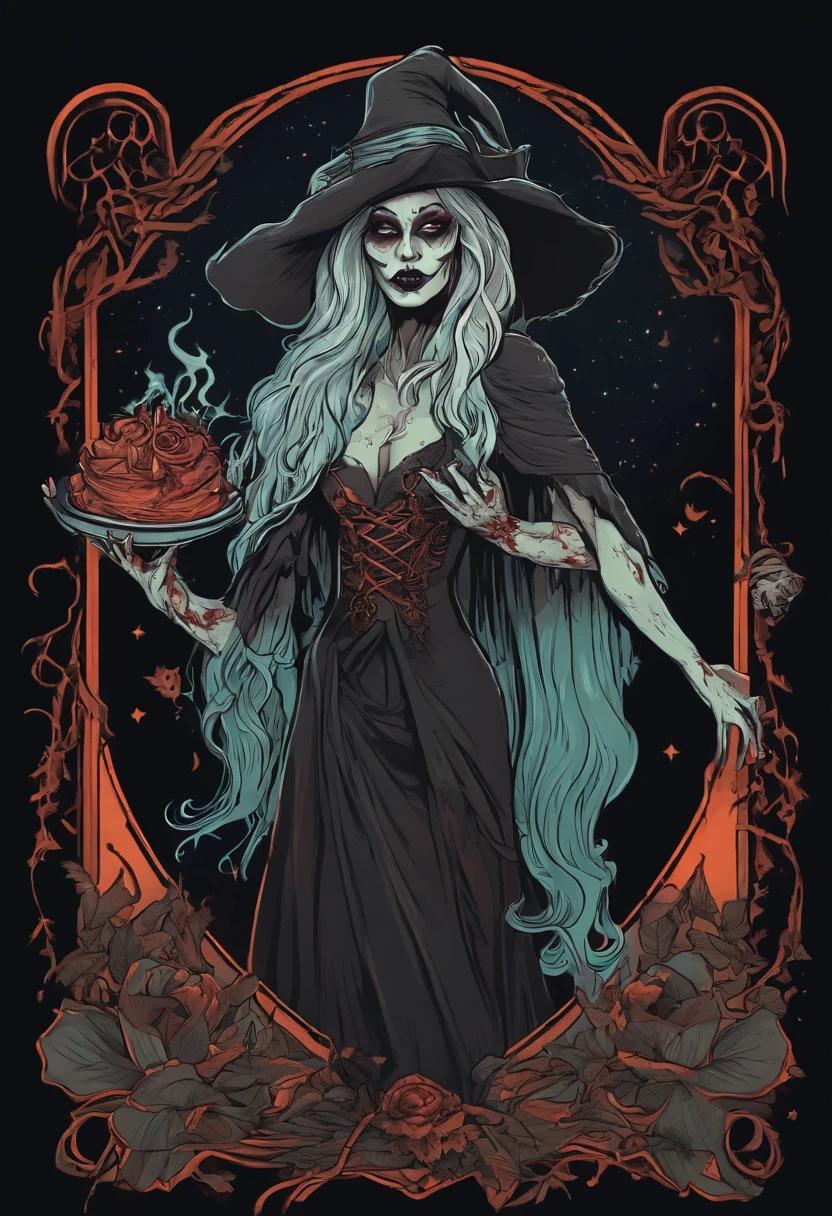 /imagine prompt: zombie witch illustration for a sticker with a black background, in bold outline style, jagged edges, trashcore, light shading --v 5.2