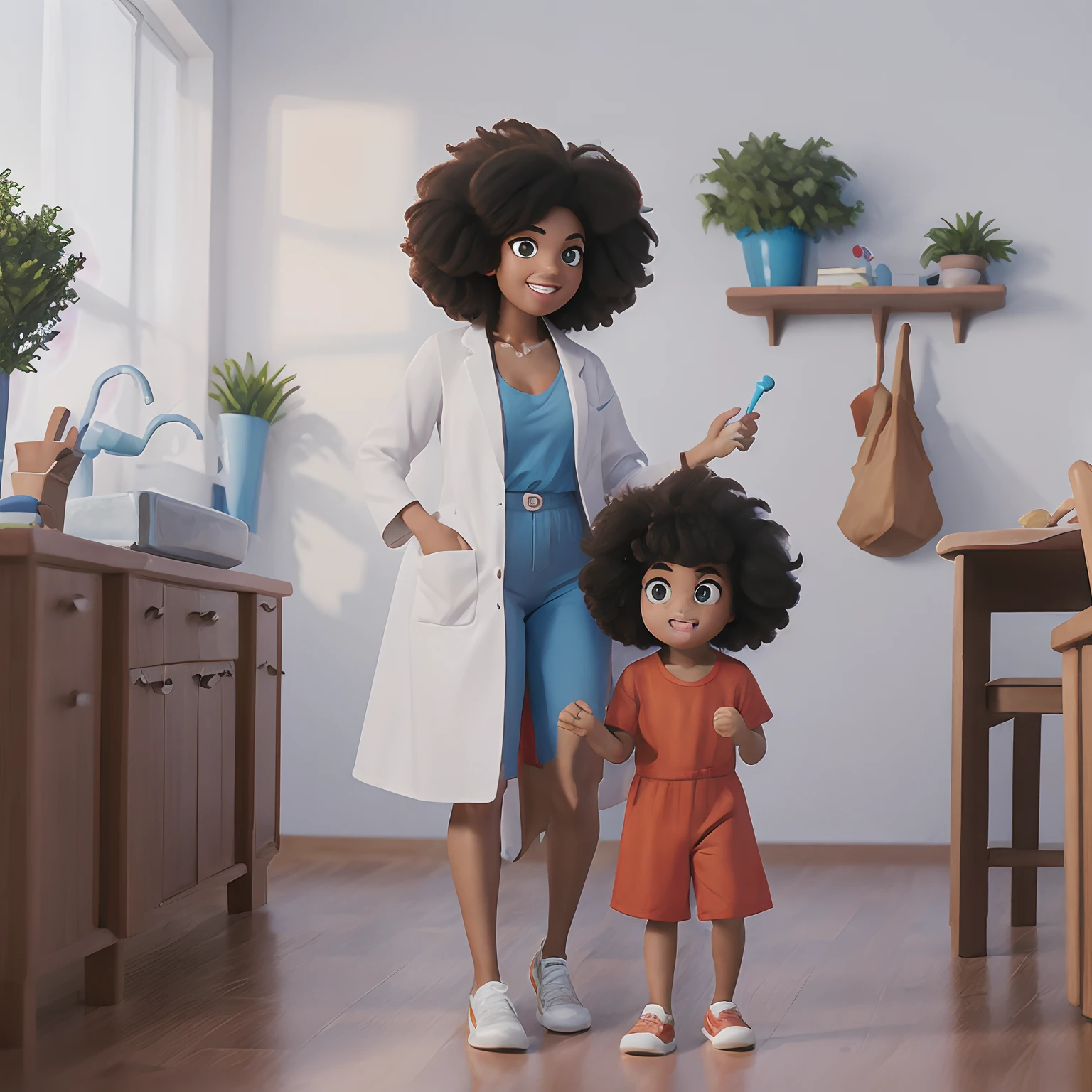 Create a Disney Pixar 3D animation-style image of a 25-year-old girl, negra bem escura, magra, com cabelo afro amarrado, Wearing a lab coat and a doctor's outfit with white adidas sneakers holding a children's game in her hand, Next to a cute child in a doctor's office