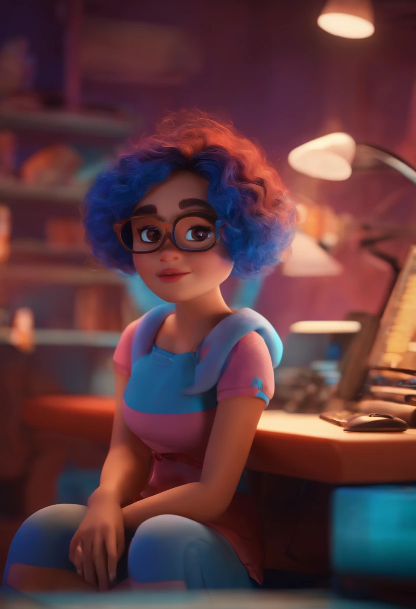 k4r1n mulher, Pose kawaii, close-up extremo, irritado, Nightime, medium shot, fundo de uma sala de computador 3D, estilo disney pixar dreamworks, intrincar detalhado