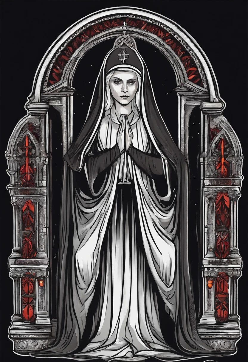 /imagine prompt: nun illustration for a sticker with a black background, in bold outline style, jagged edges, trashcore, light shading --v 5.2
