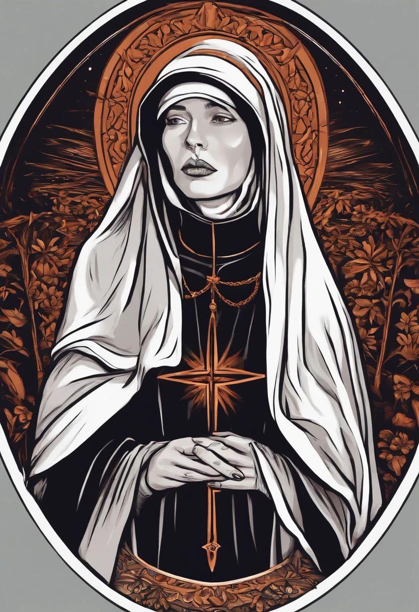 /imagine prompt: nun illustration for a sticker with a black background, in bold outline style, jagged edges, trashcore, light shading --v 5.2