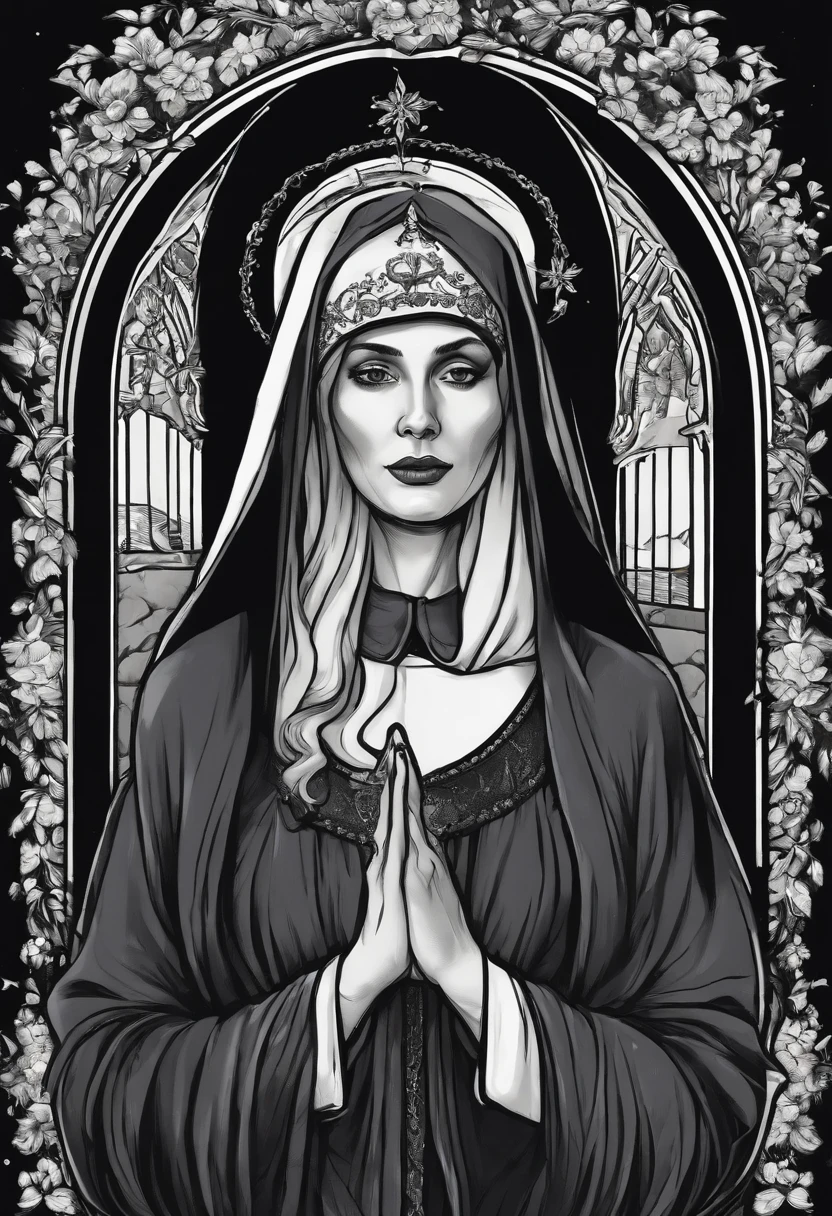/imagine prompt: nun illustration for a sticker with a black background, in bold outline style, jagged edges, trashcore, light shading --v 5.2