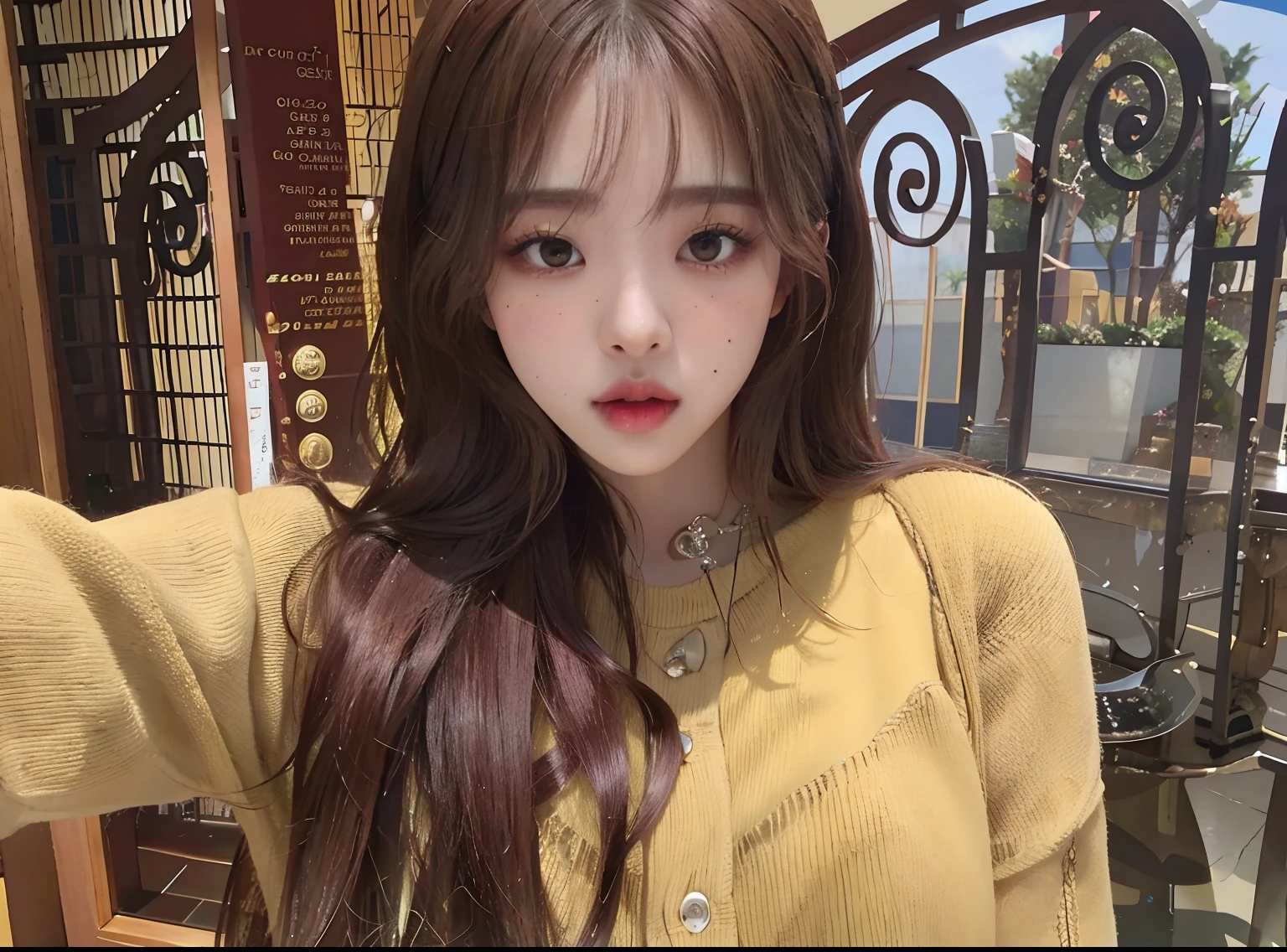 Asian woman with long brown hair and a yellow sweater, ulzzang, 8k selfie photograph, con cara redonda, Lalisa Manobal, Joven y adorable rostro coreano, con cabello largo y ojos penetrantes, brown long hair with bangs, Retrato de Jossi de Blackpink, Wan adorable cara coreana, con mejillas redondas, Cara suave y redonda