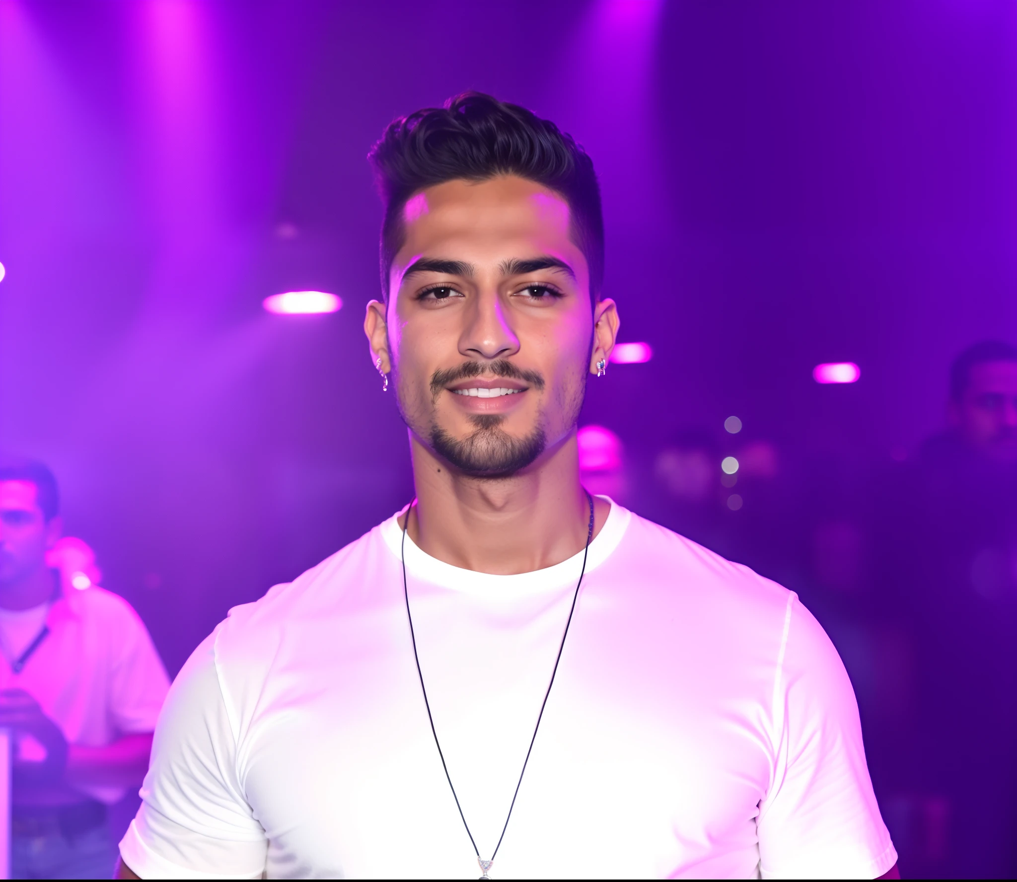 Man in white shirt standing in front of purple lights, imagem de perfil, Cantor Maluma, Cristiano Orrillo, Joel Torres, taken in the early 2020s, caio santos, andrew gonzalez, Directed by: Robbie Trevino, David Villegas, Marcos Ariano, taken in the late 2010s, tirada em discoteca