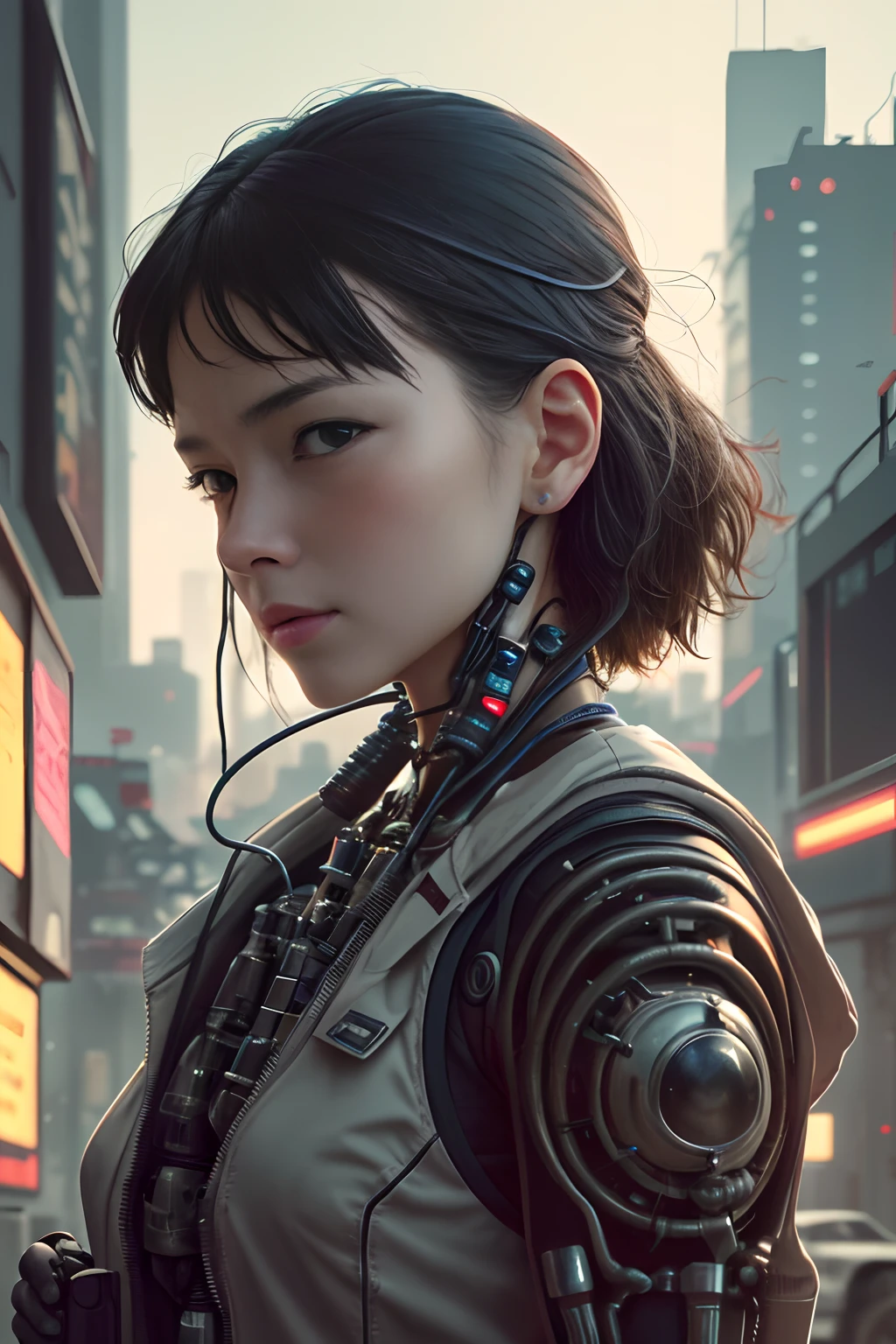 Top Quality, Masterpiece, Ultra High Resolution, ((Photorealistic: 1.4), Raw Photo, 1 cyberpunk android Girl, ((portrait)), Glossy Skin, (Ultra Realistic Details)), mechanical limbs, tubes connected to the mechanical parts, mechanical vertebrae attached to the spine, mechanical cervical attachment to the neck, wires and cables connecting to the head, Evangelion, ((Ghost in the Shell)), small glowing LED lamps, global lighting, deep shadows, Octane Rendering, 8K, Ultra Sharp, Metal, Intricate Ornament Details, baroque details, Very intricate details, realistic light, CGSoation trend, facing the camera, neon details, (android manufactory in background), art by H.R. Giger and Alphonse Mucha.