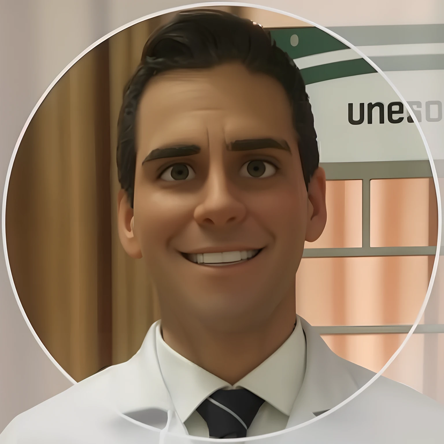 doctor smiling, de jaleco e camisa brancos, com uma gravata preta e com um fundo com cortinas. Excluir a placa