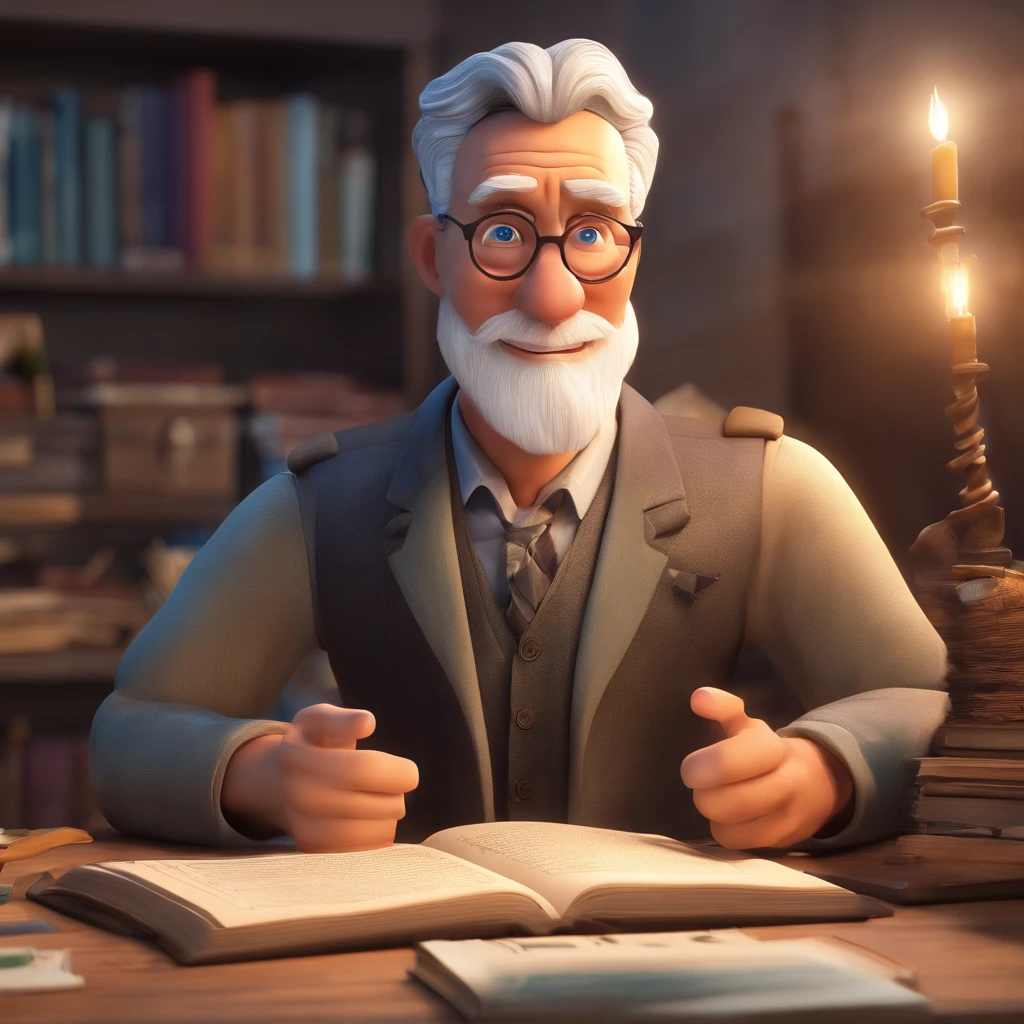 Crie um cartaz inspirado na Disney Pixar com o personagem sendo o pastor Rubens Janier, A gray-haired man wearing glasses, in an office with a Bible on the table