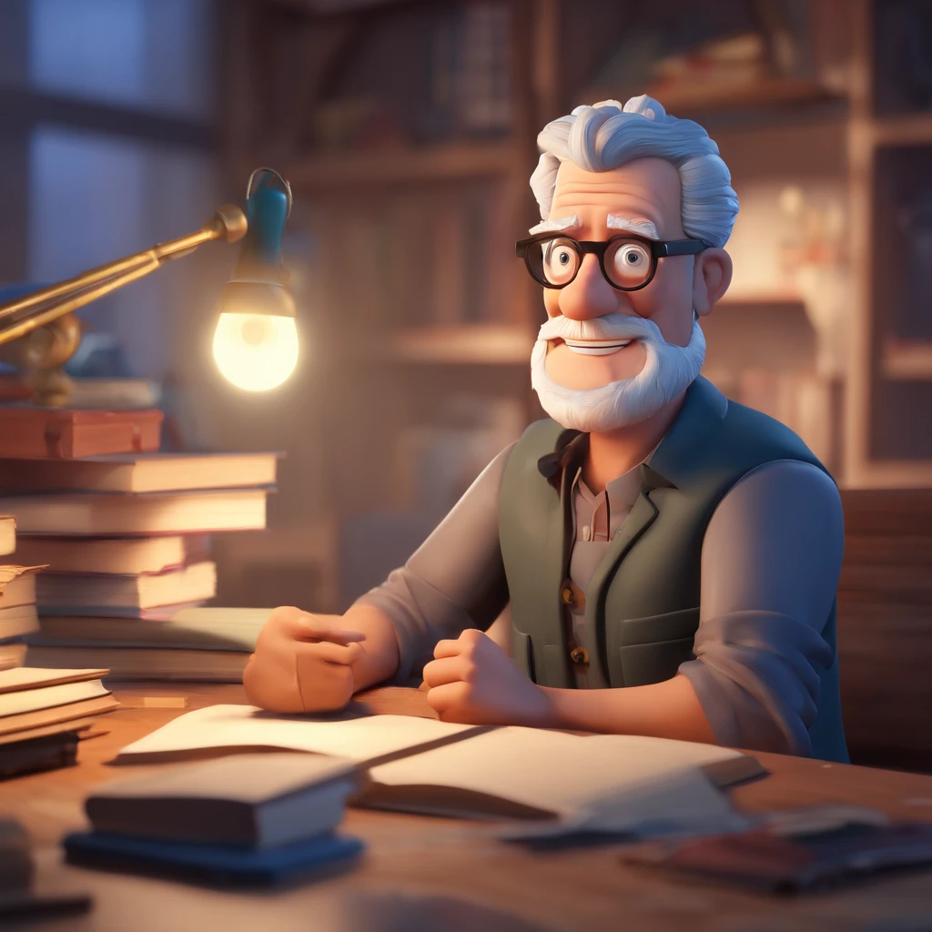 Crie um cartaz inspirado na Disney Pixar com o personagem sendo o pastor Rubens Janier, A gray-haired man wearing glasses, in an office with a Bible on the table