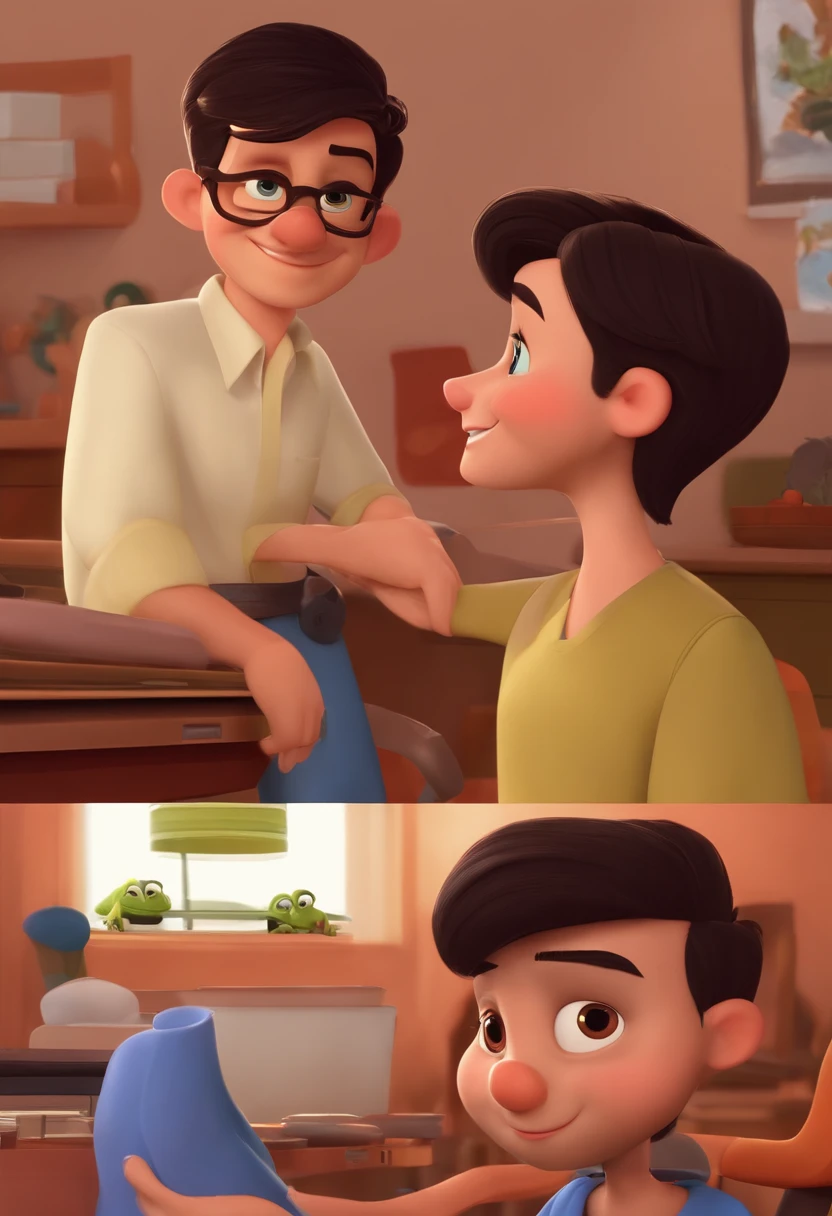 description: Make a young man
Features: Ele tem 23 anos, sobrancelhas grossas , Growing beard and short black hair half spiky
Scenario: Disney cartoon type in a recording studio
Share: He is wearing a black shirt with the text "RAYLTO CDS" .
qualidade: Pixar, ..3d, Disney
Criando Personagem Disney, Pixar