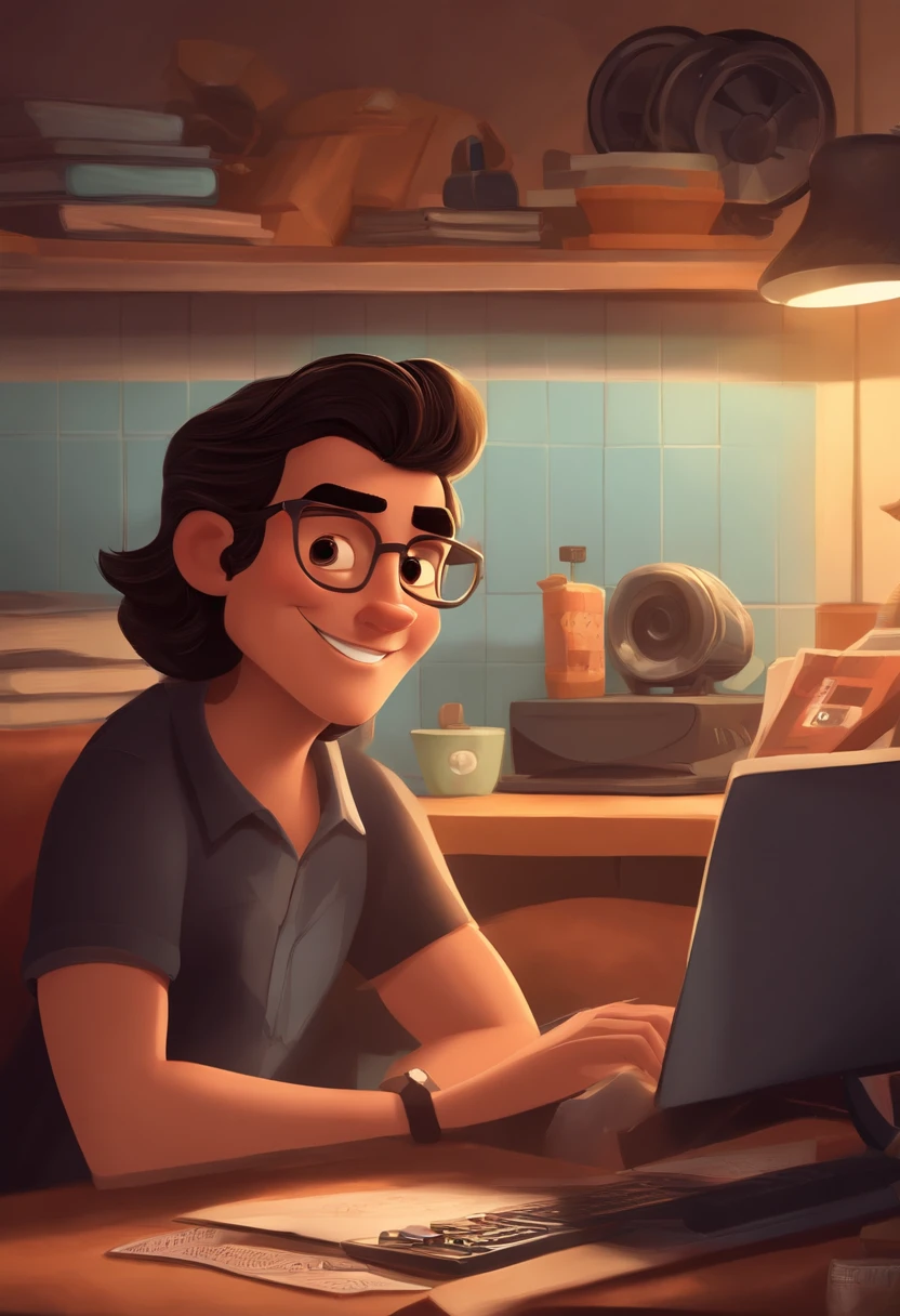 description: Make a young man
Features: Ele tem 23 anos, sobrancelhas grossas , Growing beard and short black hair half spiky
Scenario: Disney cartoon type in a recording studio
Share: He is wearing a black shirt with the text "RAYLTO CDS" .
qualidade: Pixar, ..3d, Disney
Criando Personagem Disney, Pixar