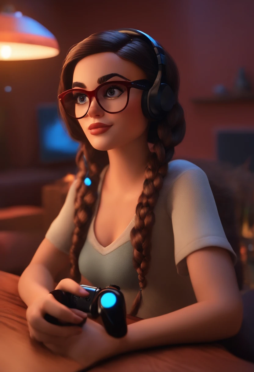 Make a Female Teen She's playing video games on tv like Disney Cartoon, Ela usa blusinha preta, tem cabelos compridos pretos, brown eyes and wears red glasses, Pixar, ..3d, Disney