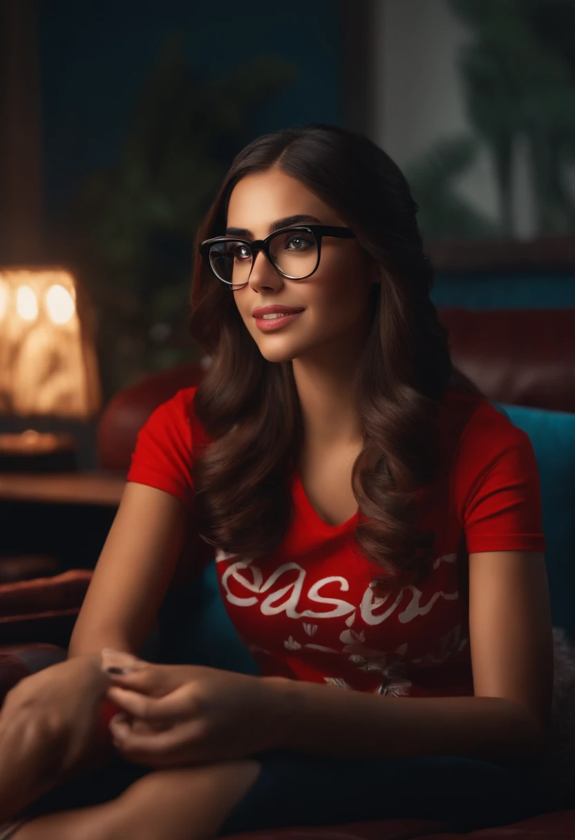 Make a Female She's playing video games on tv like Disney Cartoon, Ela usa blusinha preta, tem cabelos compridos pretos, brown eyes and wears red glasses, Pixar, ..3d, Disney