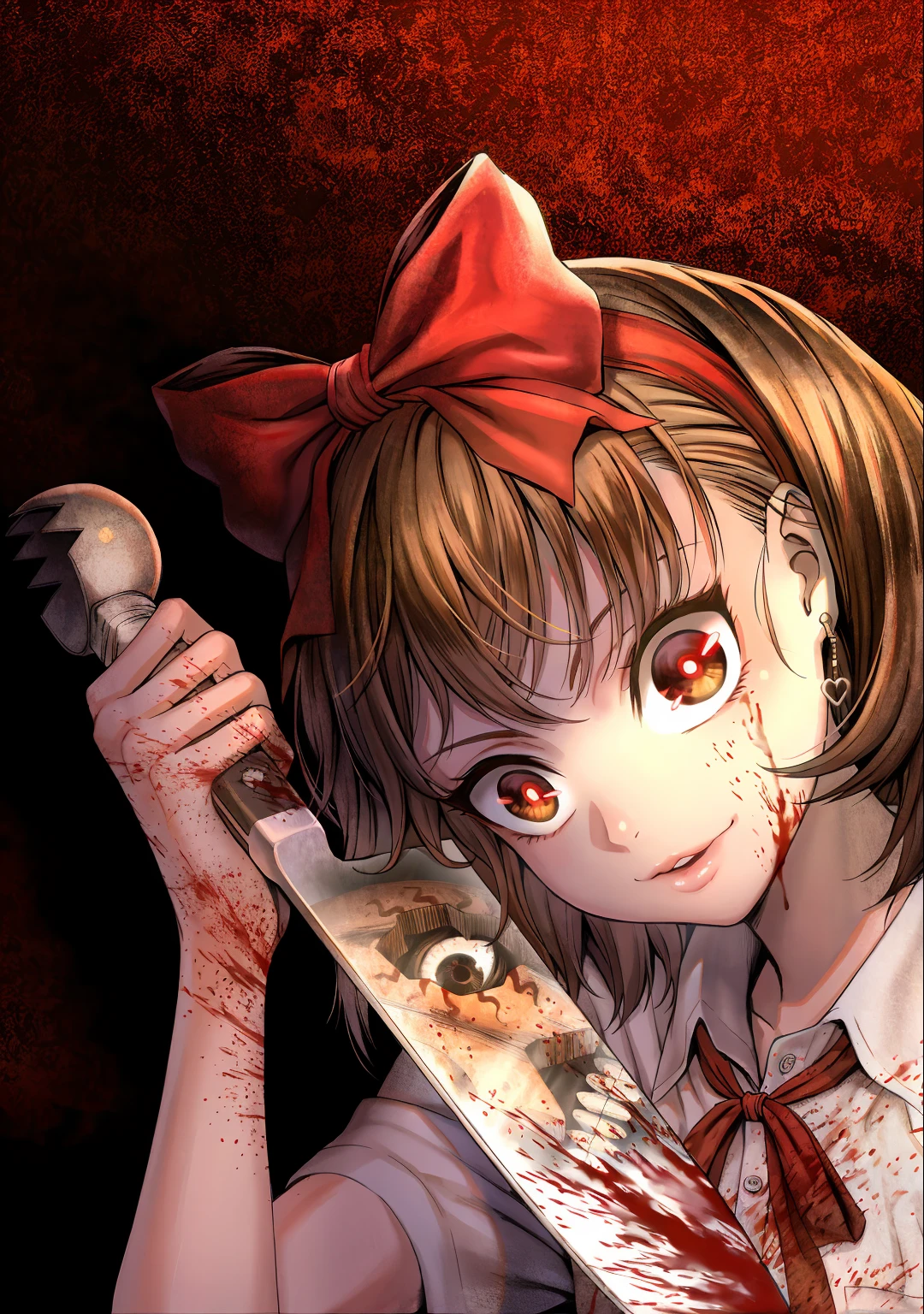 Garota de anime com rosto ensanguentado segurando uma faca e um rosto ensanguentado, Gapmoe Yander, Yandere, Yandere intrincado, Gapmoe Yandere Grimdark, Retrato Gapmoe Yandere Grimdark, Yume Nikki, horror!! altamente detalhado, Kawacy, arte chave detalhada do anime, Yandere. alto, arte de terror 4k detalhada, visual anime de uma menina bonito