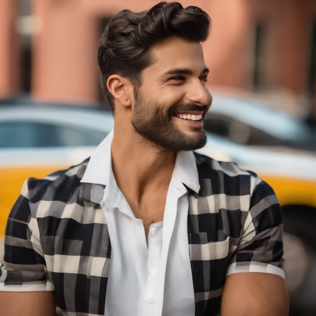 homem, um sorriso, roupas terno, homem, Fundo brilhante do campus, alta resolubilidade, studio lighting, foco nítido, vivid colors, Texturas detalhadas da pele, clear and distinct facial features, Characteristic jaws, Pelos faciais limpos e bem cuidados, obscuro、sobrancelhas claras, olhar intenso, sorriso confiante, Crisp white shirt, Homens Estilo Militar Preto Cabelo Curto, na casa dos 40 anos