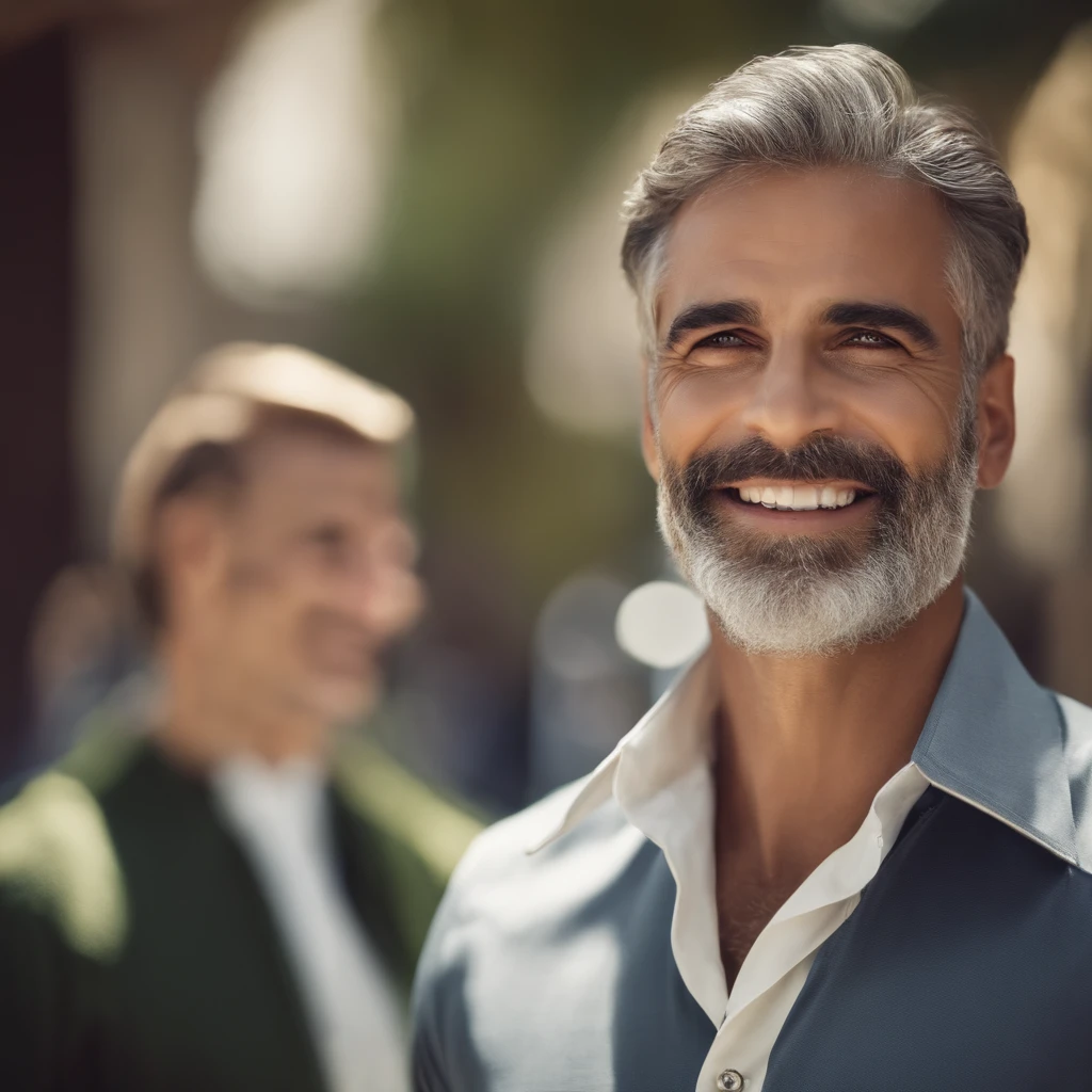 homem, um sorriso, roupas terno, homem, Fundo brilhante do campus, alta resolubilidade, studio lighting, foco nítido, vivid colors, Texturas detalhadas da pele, clear and distinct facial features, Characteristic jaws, Pelos faciais limpos e bem cuidados, obscuro、sobrancelhas claras, olhar intenso, sorriso confiante, Crisp white shirt, Homens Estilo Militar Preto Cabelo Curto, na casa dos 40 anos