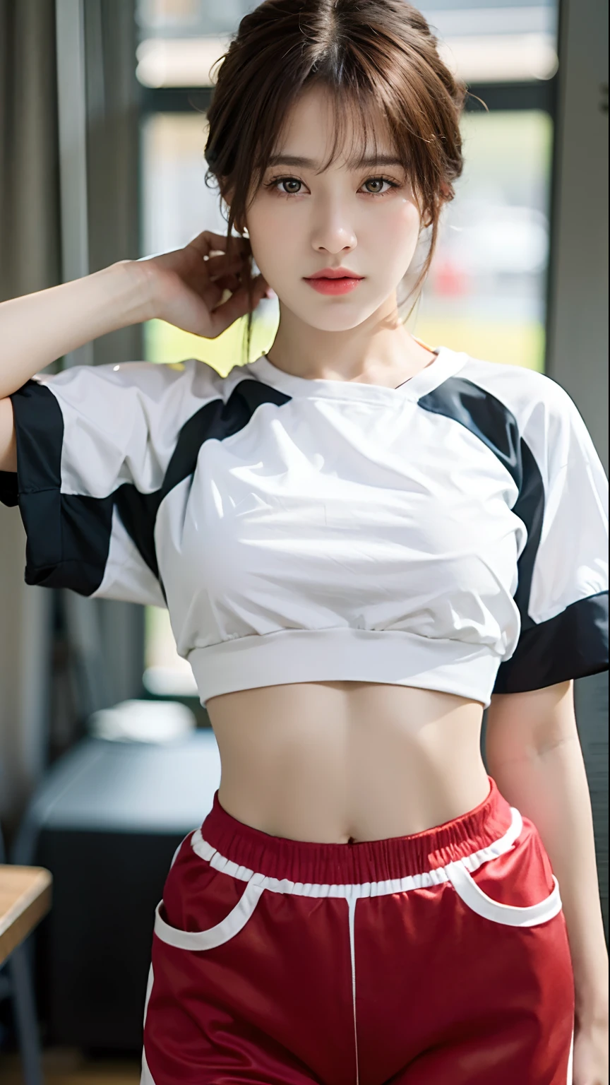 (Original photo: 1.2), (Realistic: 1.4), (Masterpiece: 1.3), (Best quality: 1.4), Dreamy, (detailed eyes), (detailed facial features), (detailed clothing features), Skin tightness, (Shiny skin), (Slim Girl), (Slim Girl), (Slim Girl), 1 Girl, Veronica Code, Solo, Cute, Bangs, Short brown hair, Black eyes, (Medium breasts), ((Shirt)), Dynamic pose, (Kodak Film Color) ((Camera not visible)) ((White Studio) (Studio Light) ,(crop top:1.4)