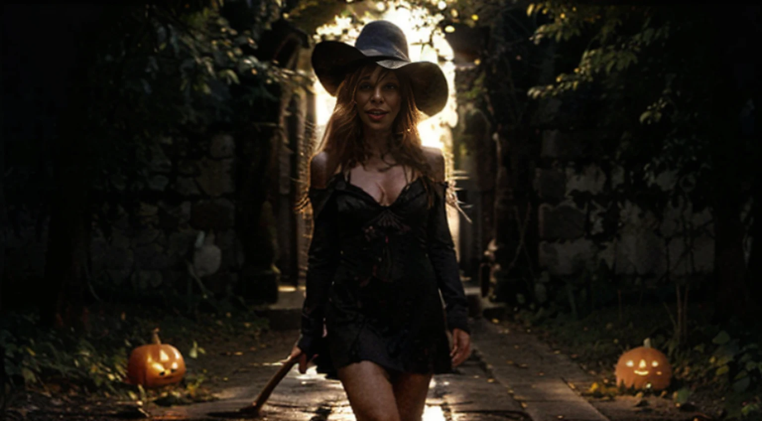1girl, sozinho. dia das bruxas, bruxa, witch hat, cabelos longos, cabelos pretos,, vestido preto, seios grandes, clivagem, olhos vermelhos, salto alto preto, sorriso, Esqueleto, skull, pumpkin lanterns, Castelo de pedra velho, Owl on tree, lua sorridente, Fantasmas, graveyard, Ceepy, Pumpkin jack-o'-lanterns on spikes, Witch's broom in hand, Standing