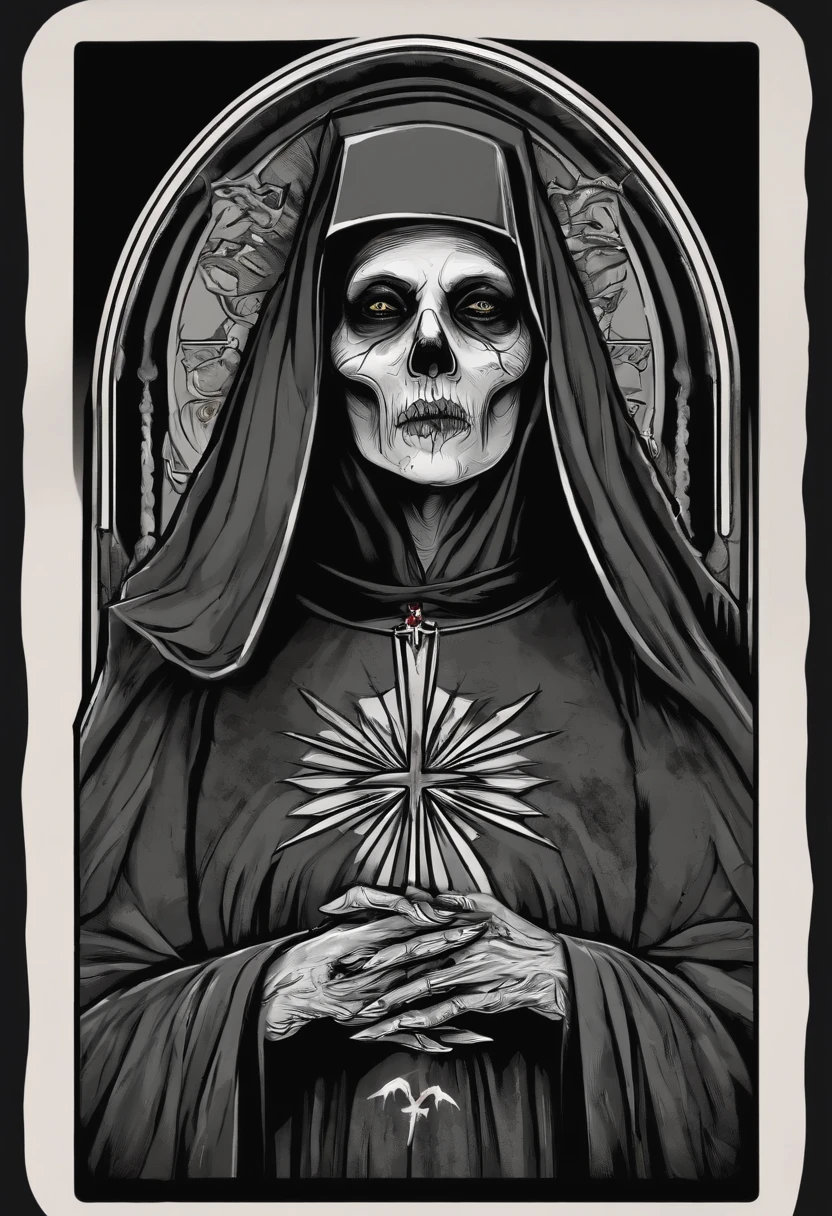 /imagine prompt: zombie nun illustration for a sticker with a black background, in bold outline style, jagged edges, trashcore, light shading --v 5.2